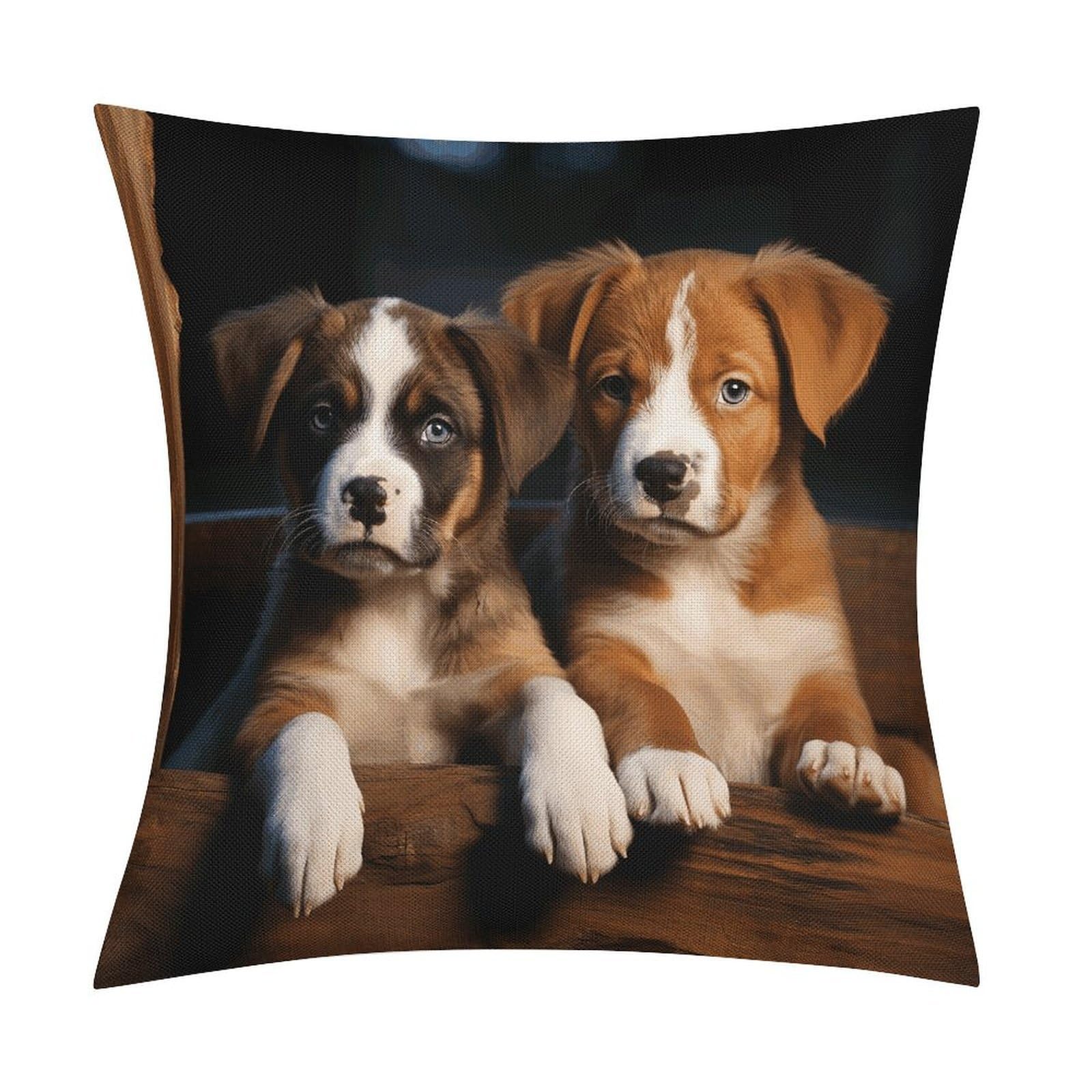 LZQPOEAS Puppies Dogs Pets Animals Throw Pillow Covers, Waterproof Faux Linen Pillow Cases with Invisible Zipper, Decorative Square Cushion Covers for Sofa Couch Living Room Bedroom 18x18 Inch