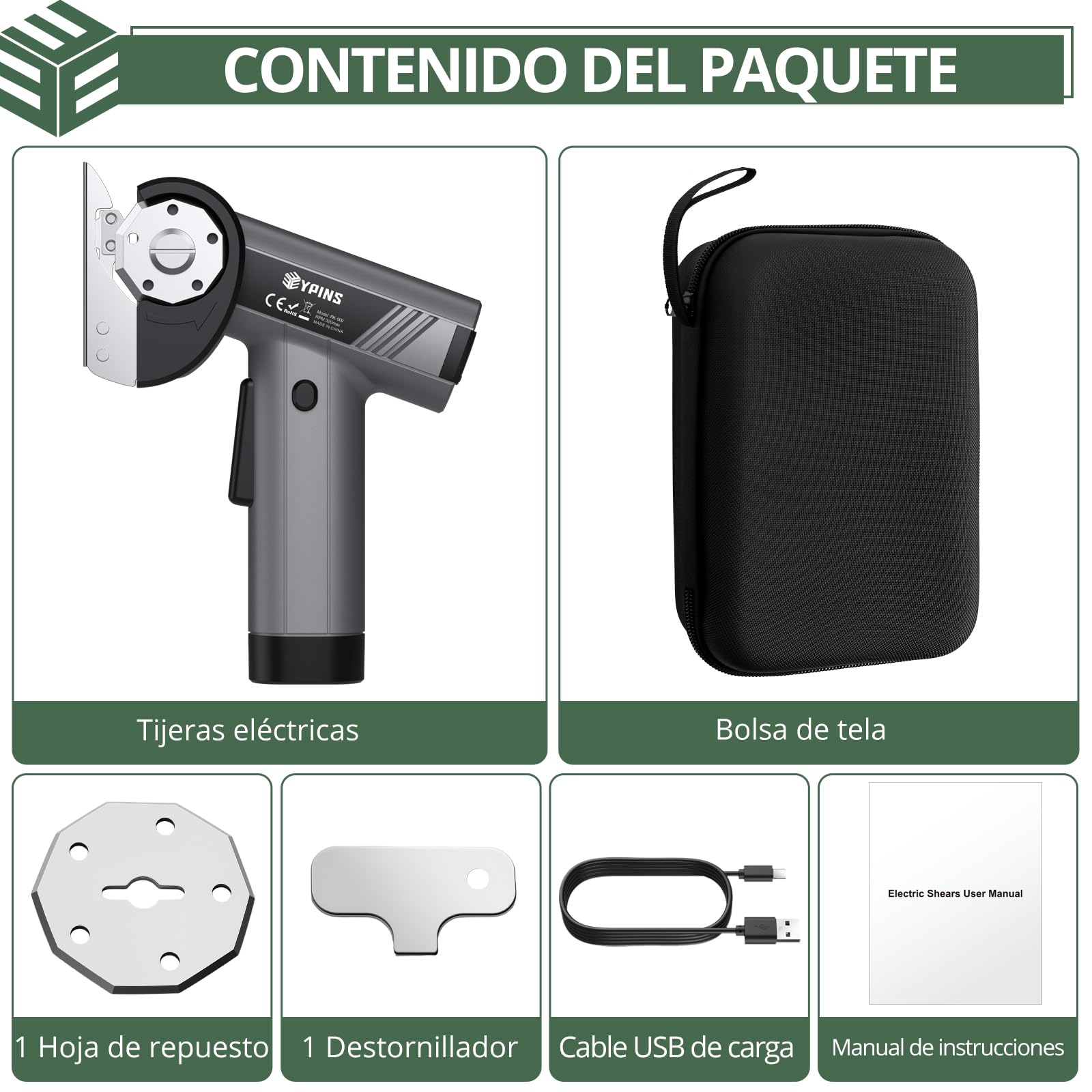 EYPINS Tijeras Eléctricas Inalámbricas con 4 Velocidades (120-320 rpm), Cortador Electrica con Pantalla LCD+Luz LED, Hoja SK5, Carga USB-C, Bolsa de Almacenamiento,para Tela Cuero Alfombra Cartón
