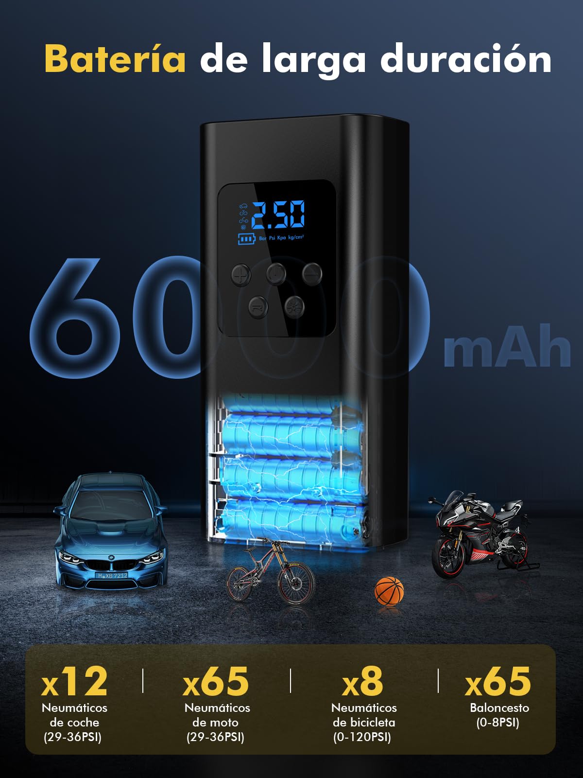 Compresor Aire Portátil – Potente Inflador Ruedas Coche 45L/min, Compresor Aire Coche Rápido con Luz LED, Batería 6000mAh, 4 Modos para Coches, Bicis, Motos y Pelotas