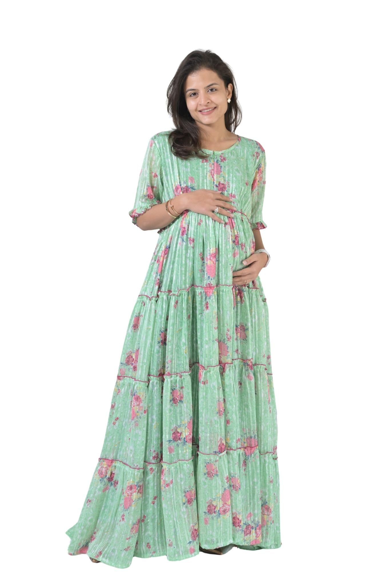 momzjoy Graceful Mint Green Frill Maternity & Nursing Dress for Women-picture-10