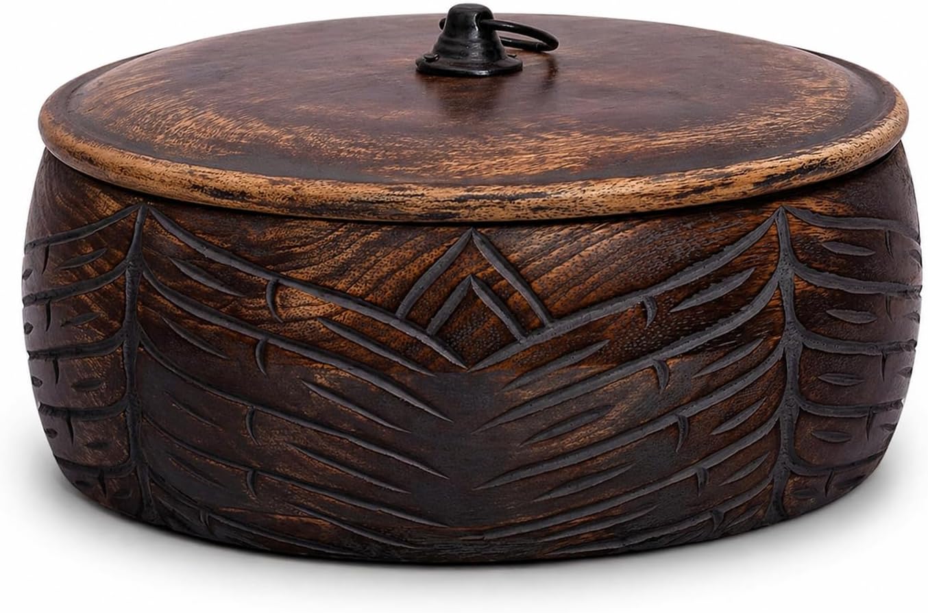 Handmade Wooden Tortilla & Roti Warmer with Lid, Food Safe, 9 Inch, Brown | Large tortilla holder keeps bread, waffles & pancakes warm, ventilated lid prevents moisture, durable, easy clean, gift idea
