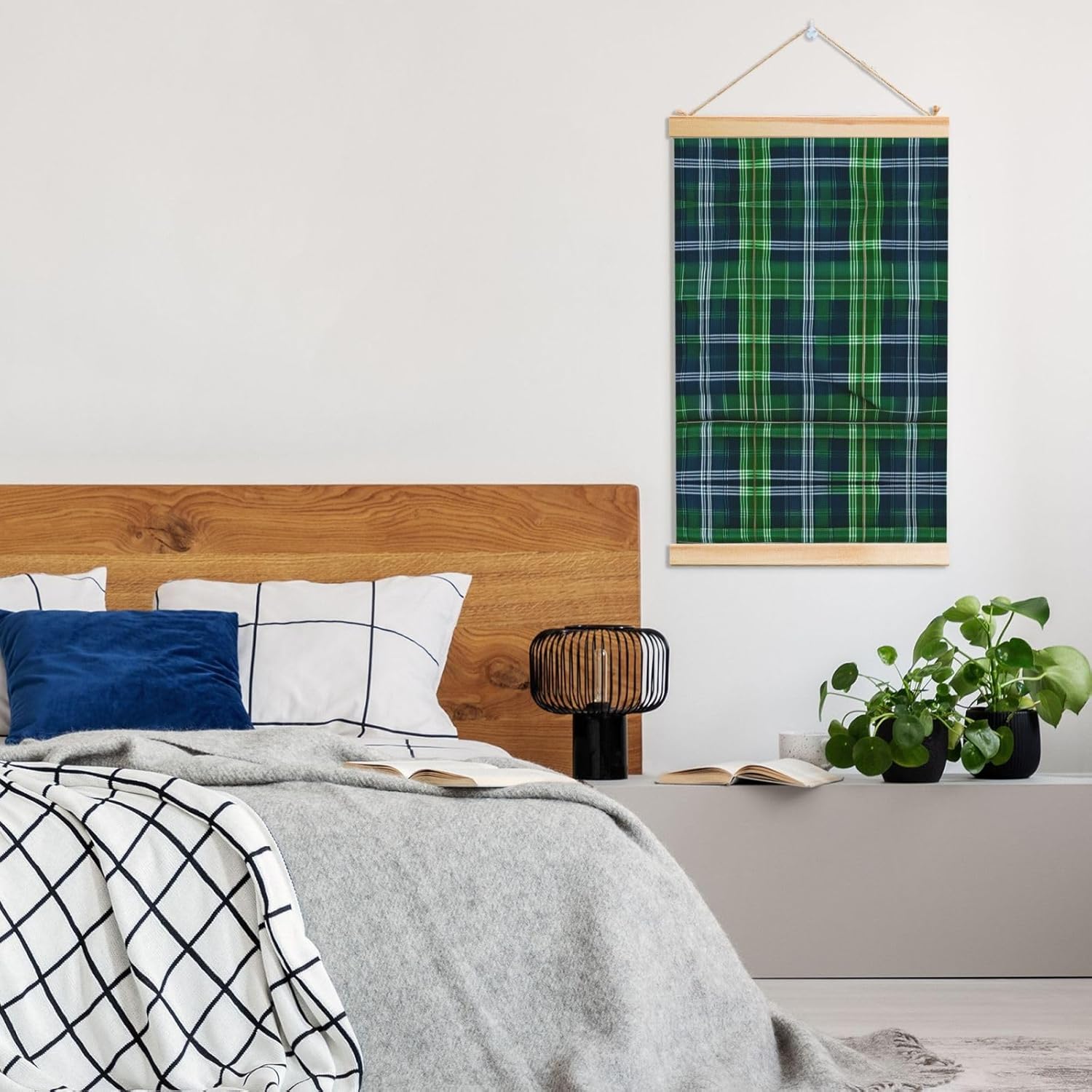 Blue Scottish Tartan Print Poster Hanger,Hanging Poster, Poster Frame,Wood Poster Hanger, For Wall Hanging