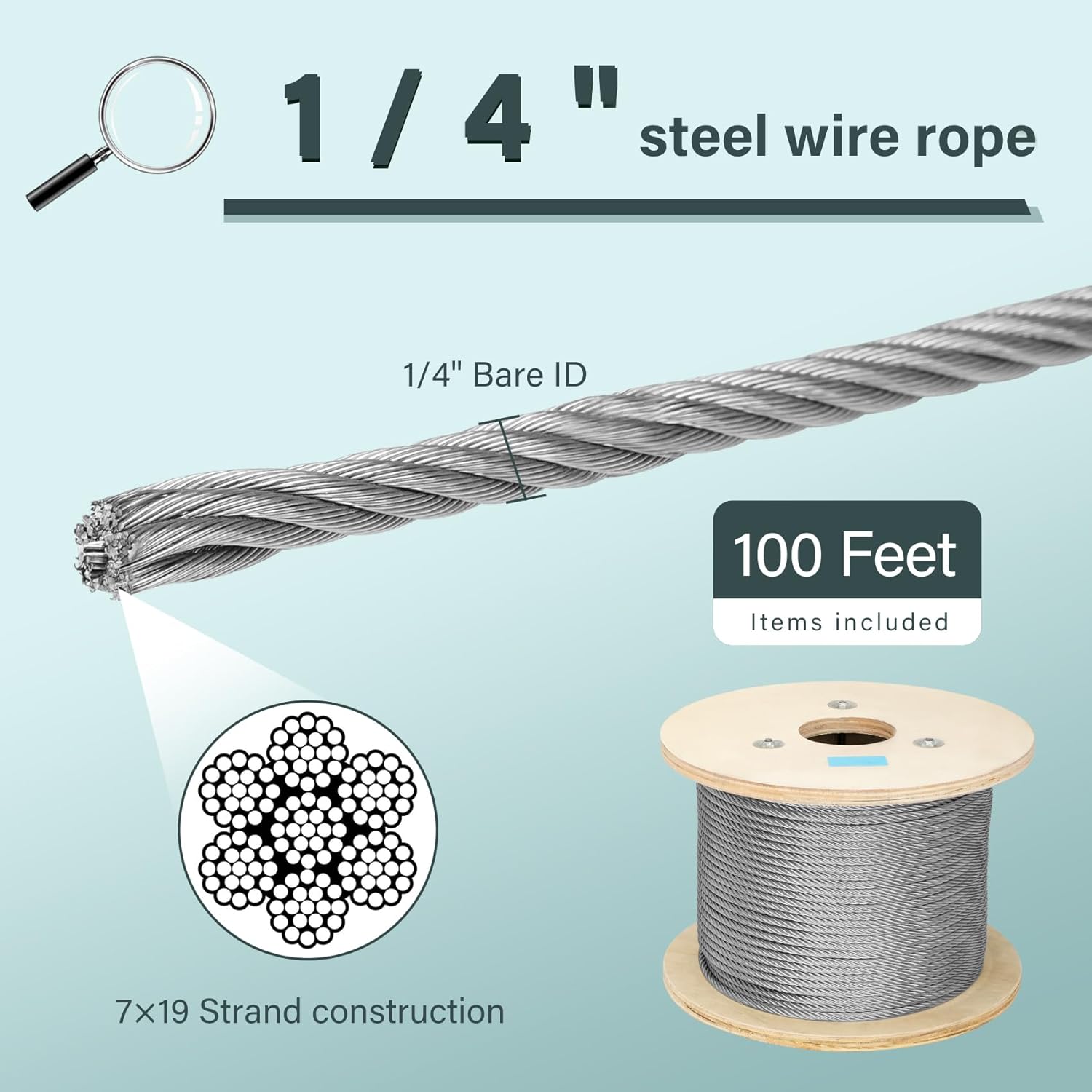 1/4IN 100FT Stainless Steel Cable (7x19 Strands), 6400 lbs Breaking Strength, Aircraft Wire Rope for Deck Railing, Zip Line, String Lights, and Heavy Duty Outdoor Applications