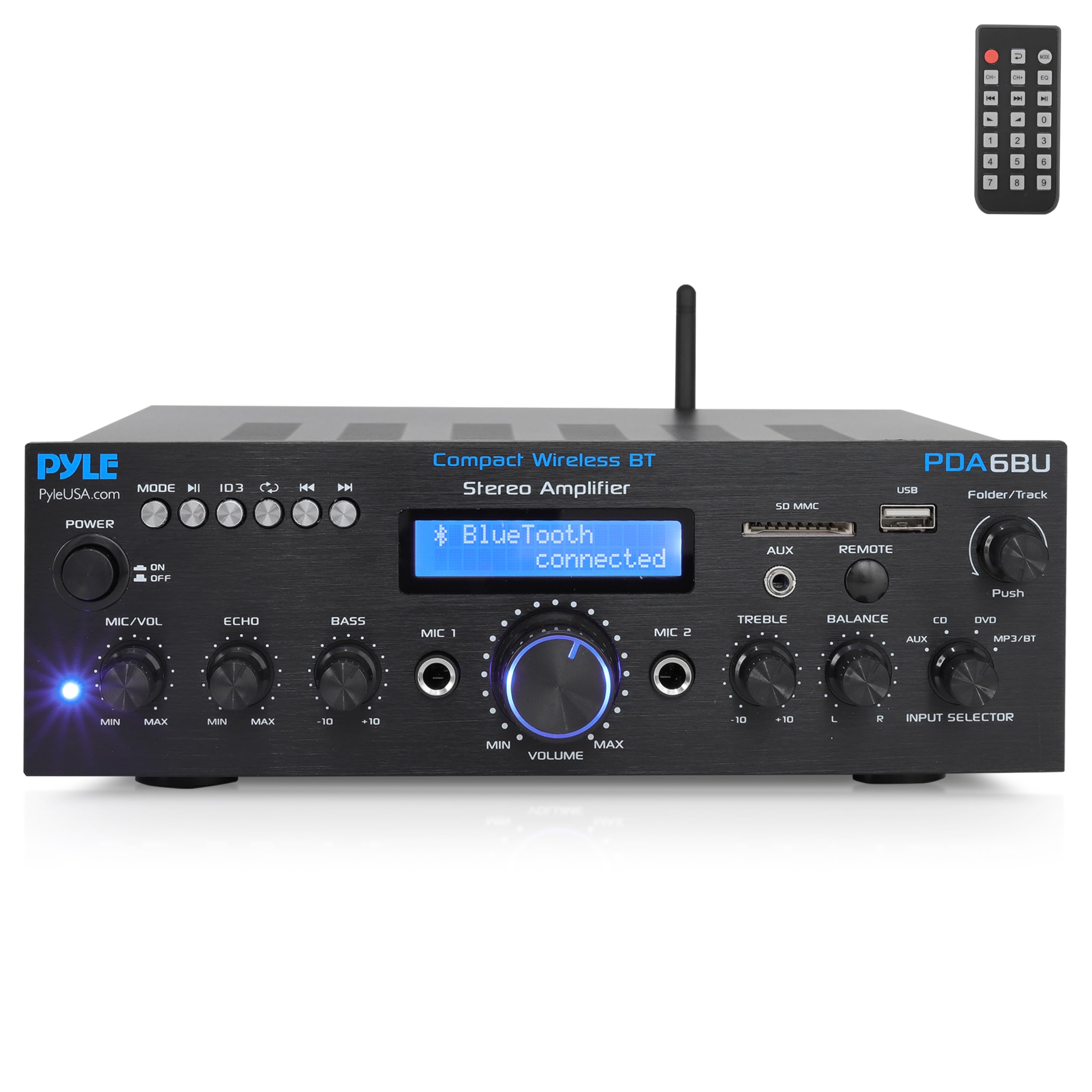 PyleWireless Bluetooth Power Amplifier System- 200W Dual Channel Sound Audio Stereo Receiver w/ USB, SD, AUX, MIC in w/ Echo, Radio, LCD, for Home Theater Entertainment via RCA, Studio Use- PDA6BU.7
