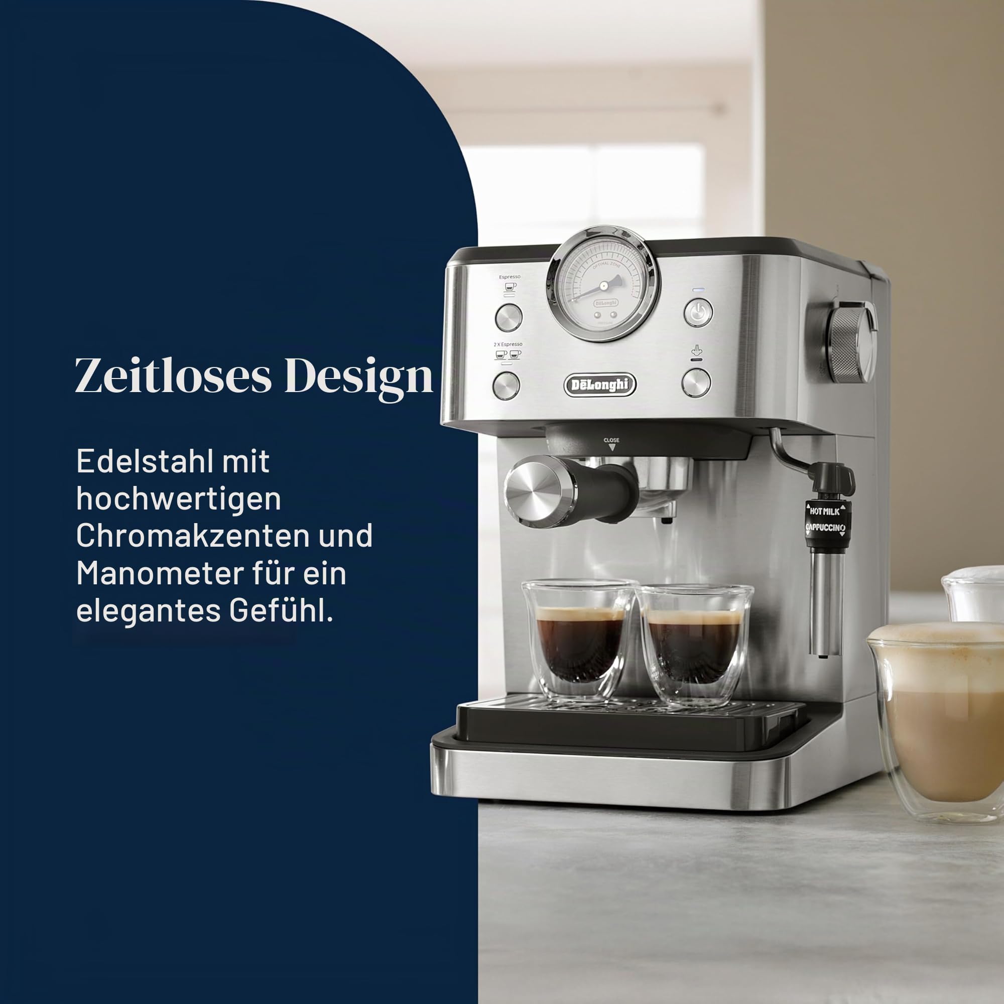 De'Longhi Siebträgermaschine Classic EM450.M, Espressomaschine mit professionellem Milchaufschäumer, Vollmetallgehäuse, 15 Bar, 1,7 l Wassertank, Edelstahl/Metall
