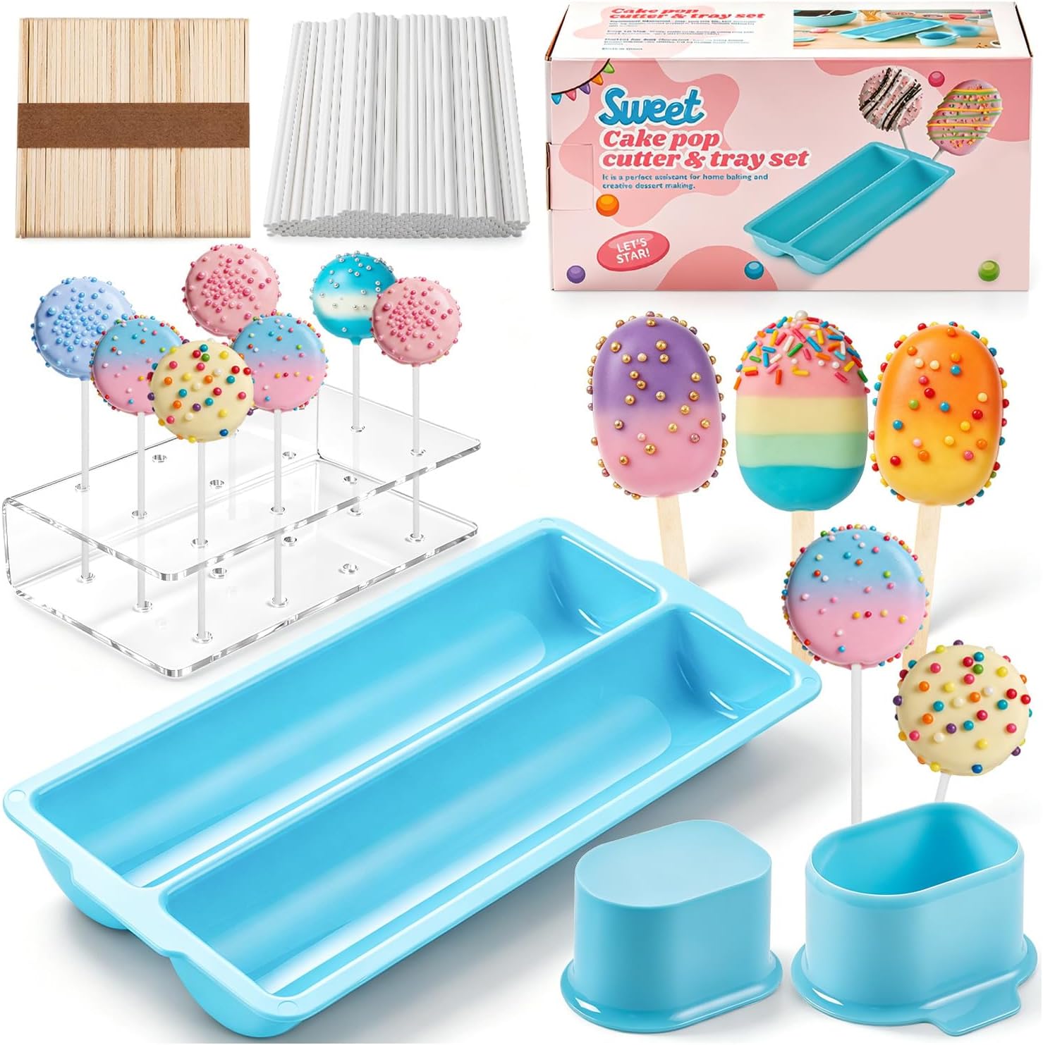 Cake Pop Mold Kit, Including Circle Cake Pop Cutter, 9 Inch DoubleTray, Cake Pop Stand, Lollipop Sticks, Clear Treat Bags and Gold Twist Ties for Home Desserts Baking Accessories, Blue