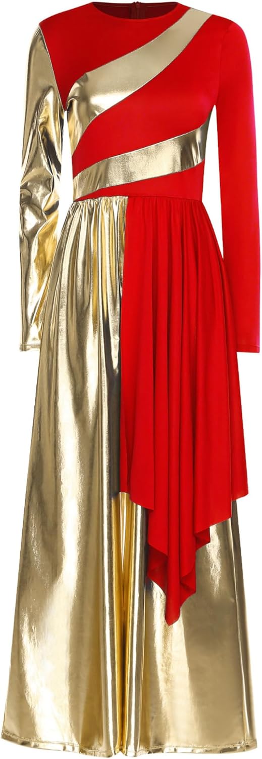 XUNZOO Praise Liturgical Dance Costume for Women Metallic Gold Round Neck Worship Overlay Jumpsuit Loose Pants