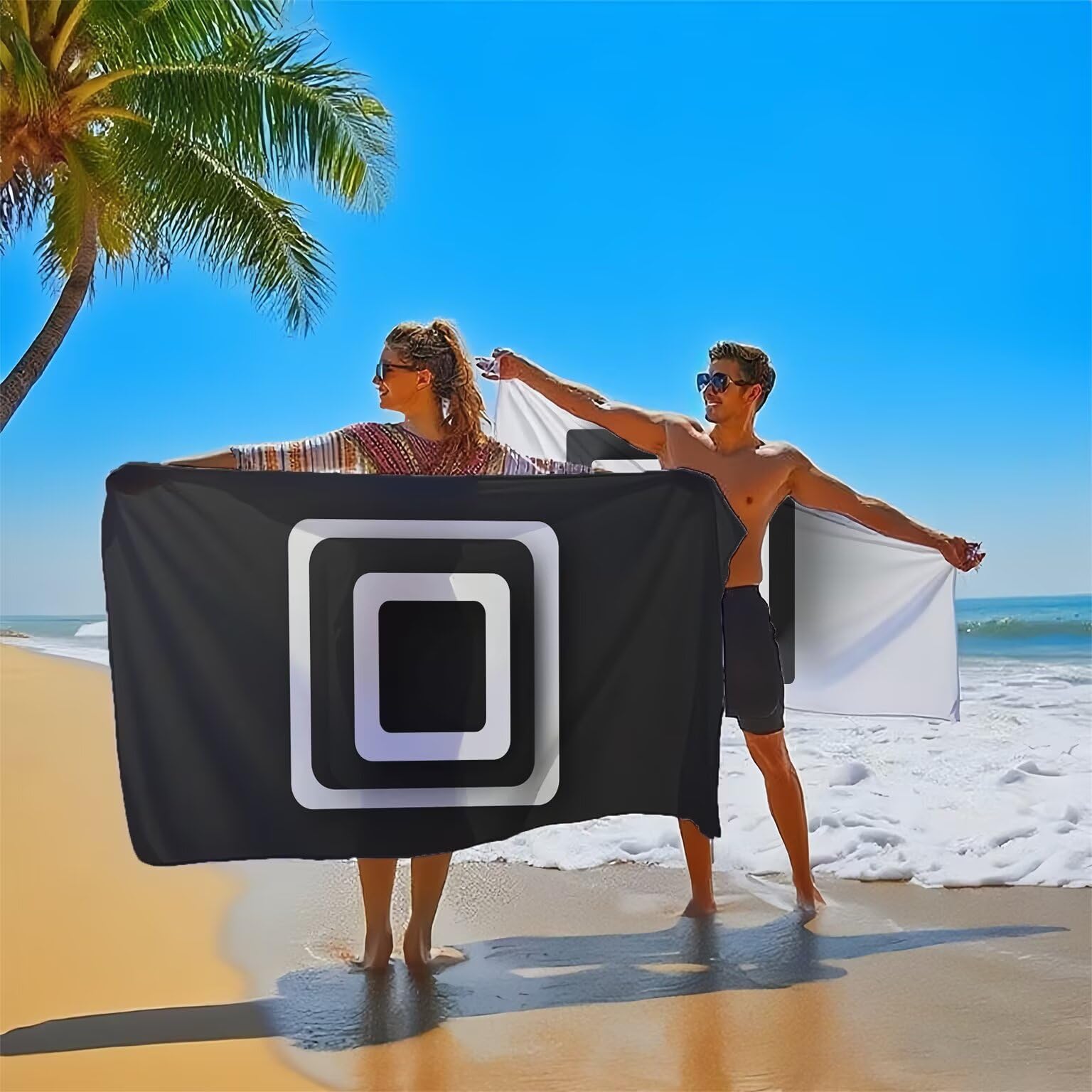 Serviette de Plage 90x200cm, Noir et blanc Serviette Microfibre Lot de 2 Treillis Motif Ultra Absorbantes Séchage Rapide Anti Sable Légère Drap de Plage Design pour Piscine Voyages Sauna, Model986