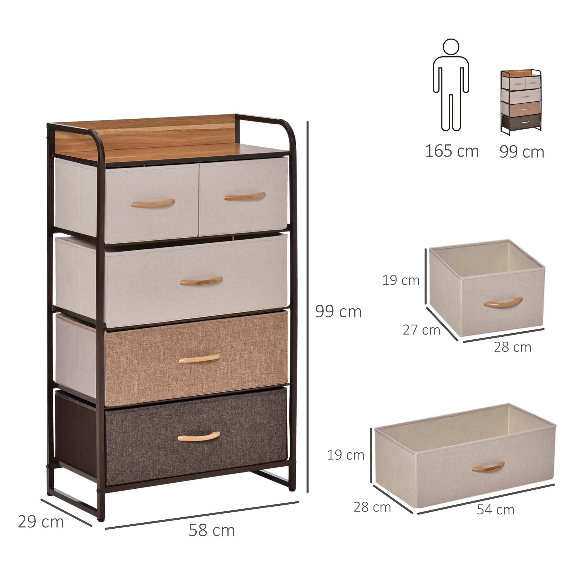 HOMCOM Commode Meuble de Rangement 5 tiroirs Pliables en Tissu 58 x 29 x 99 cm Multicolore