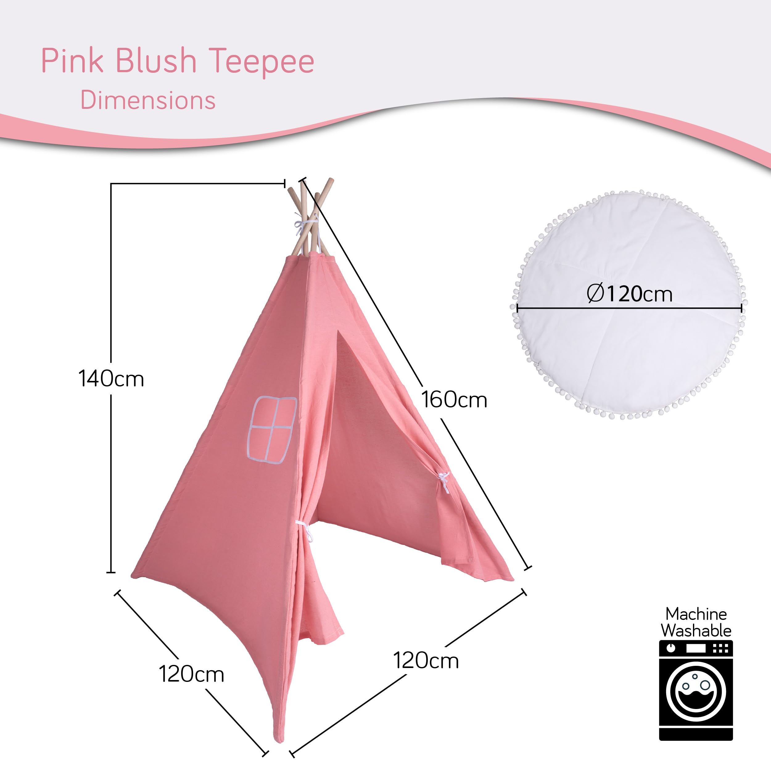 Tienda tipi rosa pálido para niños | Tienda de juego emergente para niñas y niños 140 x 120 cm lona de algodón con estrellas luminosas y accesorios de alfombra