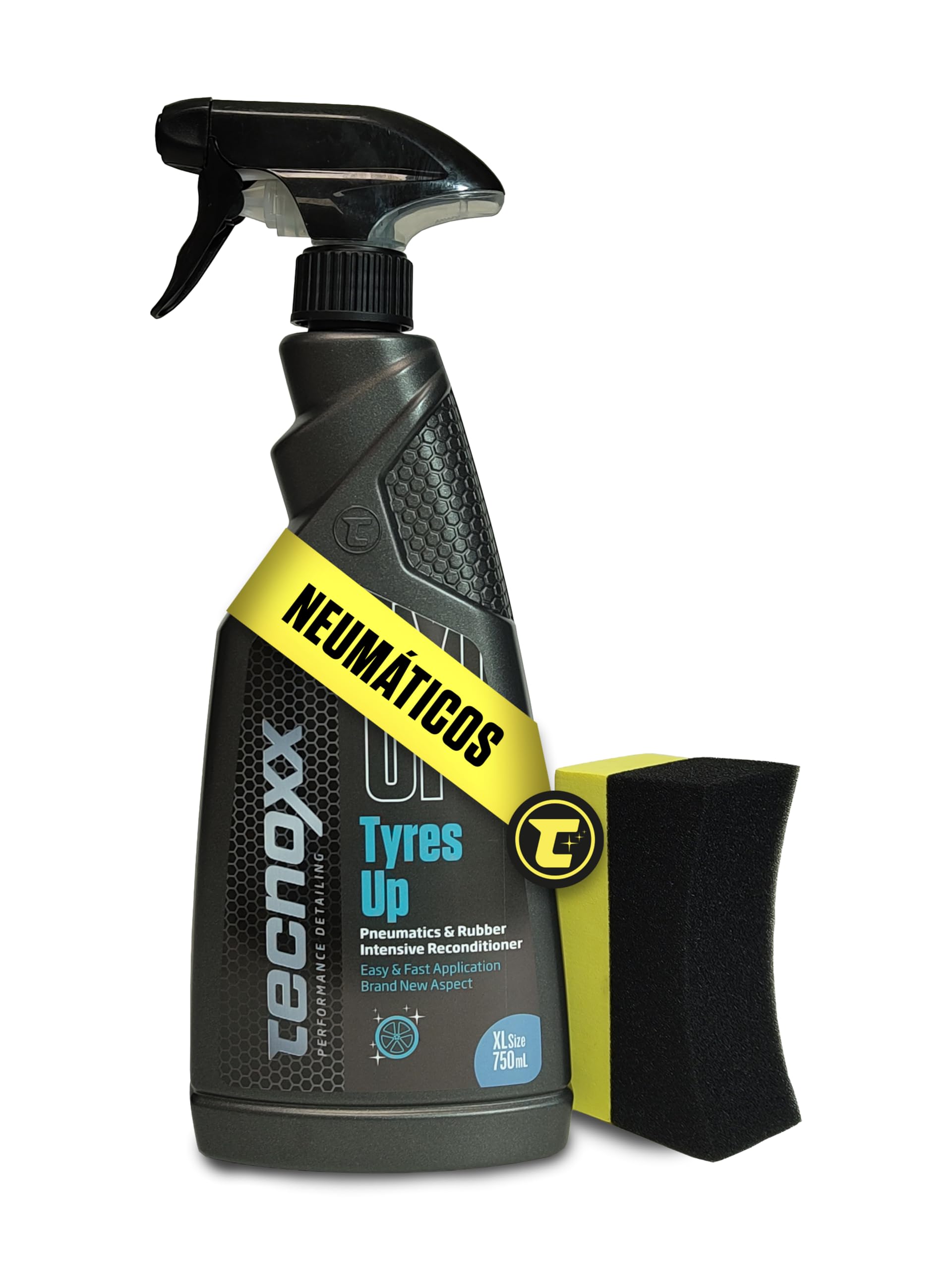 Tecnoxx Tyres Up - Abrillantador e Hidratador de Neumáticos y Gomas - Protección UV, Brillo Intenso y Resultado Instantáneo - Esponja Aplicadora Incluida - Envase Grande 750 ml con pulverizador