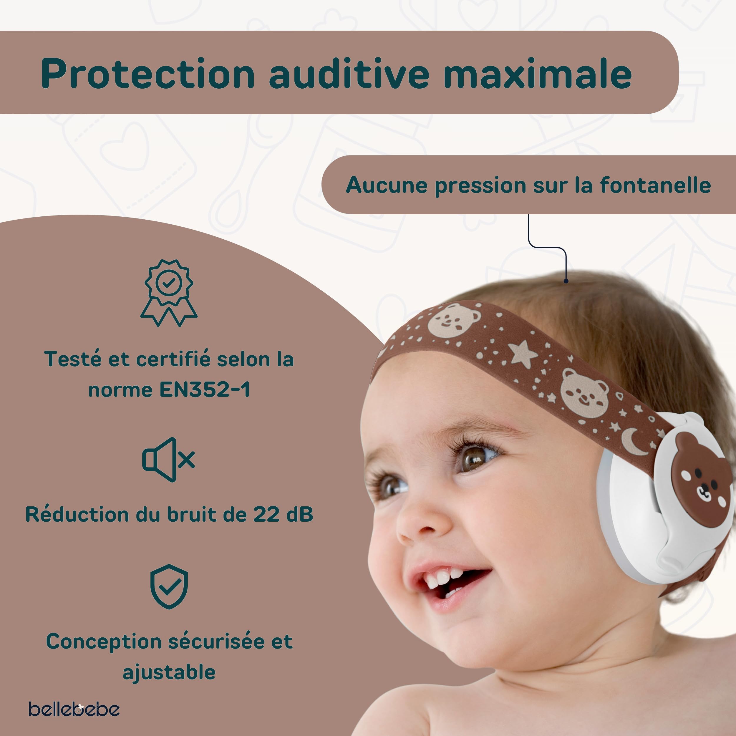BELLEBEBE - Casque Anti Bruit Bébé - 0-36 Mois - Hypoallergénique et Sans BPA - Certifié EN352-1, RoHS, CPC - Casque Avion Bebe - Bandeau Ajustable