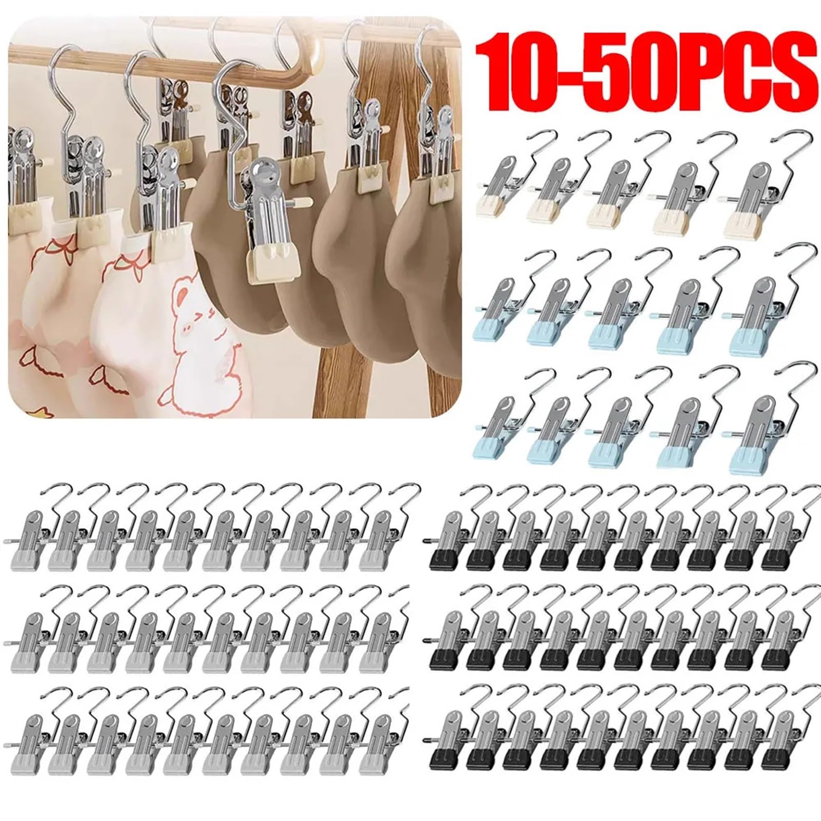 Klamerki do bielizny na sznurku do prania Klamerki do bielizny ze stali nierdzewnej z haczykami do wieszania ubrań(White,40pcs)