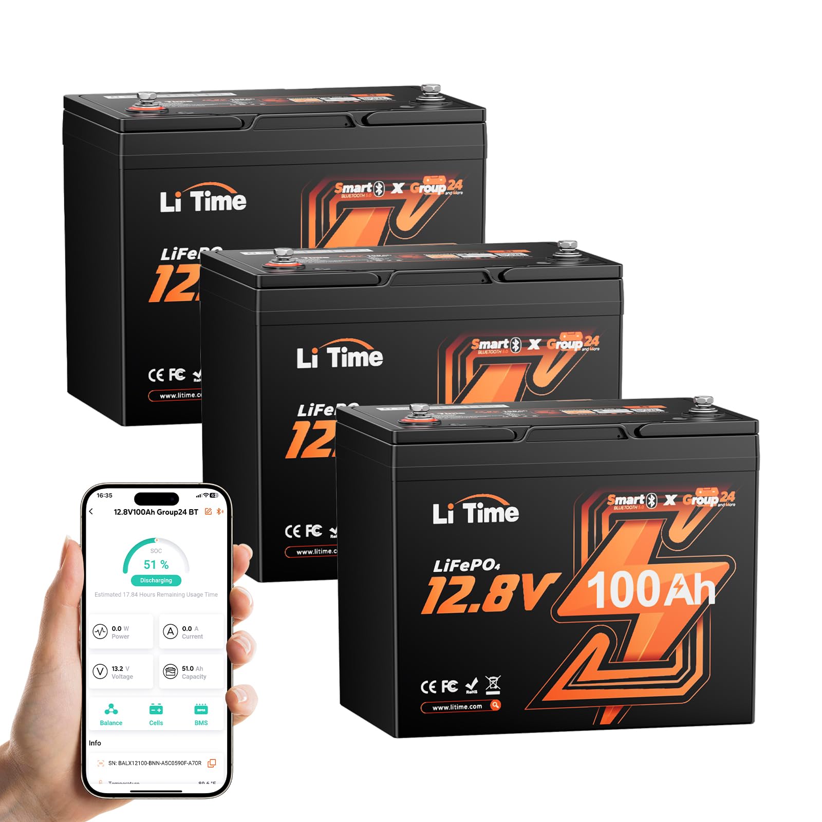 LiTime Batteria Litio 12V 100Ah con Bluetooth per Camper, Barche (3 PACK)