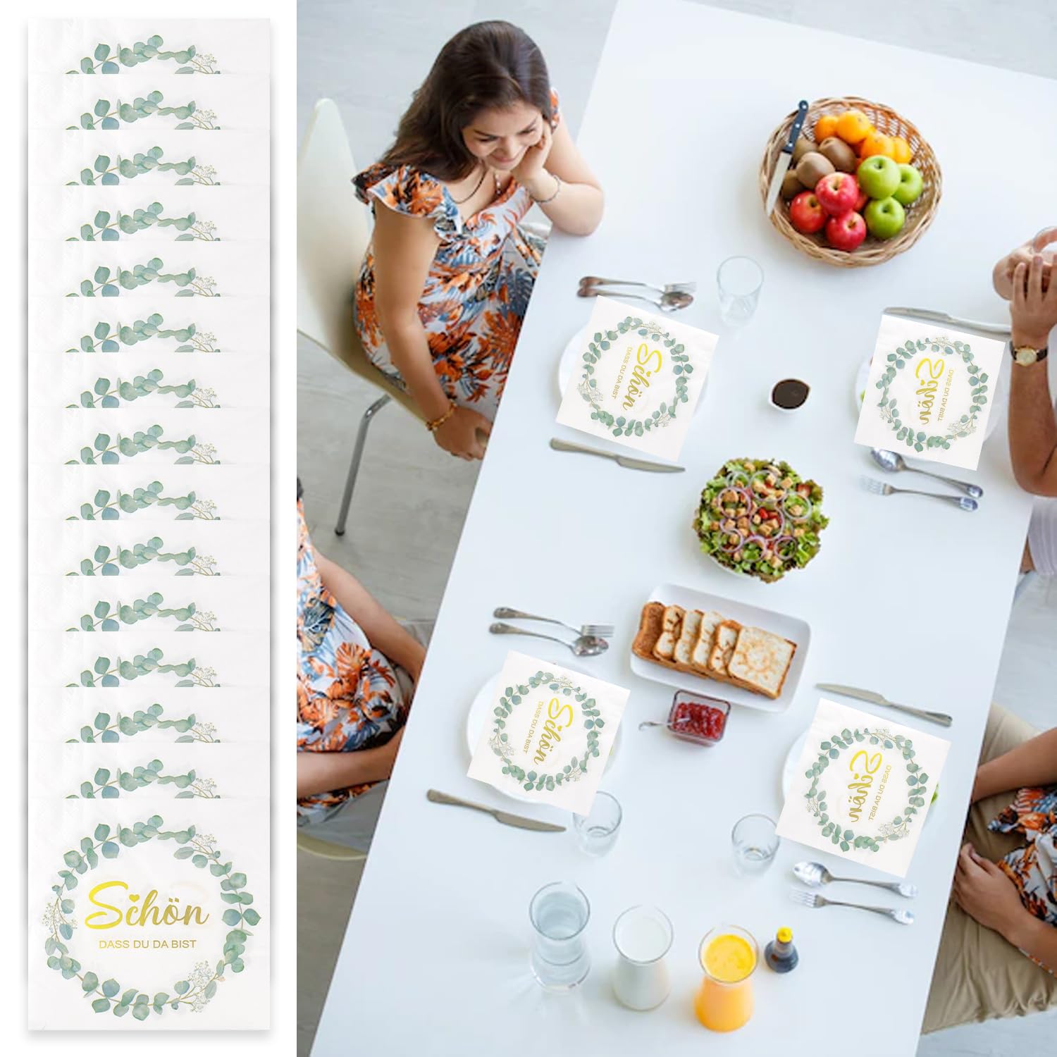 Tovaglioli Festa Tovaglioli Di Carta Verdi Con Motivo Eucalipto, 80 Pezzi, 33x33 Cm - Per Matrimoni, Feste In Giardino, Compleanni, Eleganti E Pratici Tovaglioli Piegati 16.5x16.5 Cm