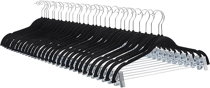 Amazon Basics Velvet, Non-Slip Swivel Skirt Clothes Hangers with Clips, Pack of 24, Black/Silver