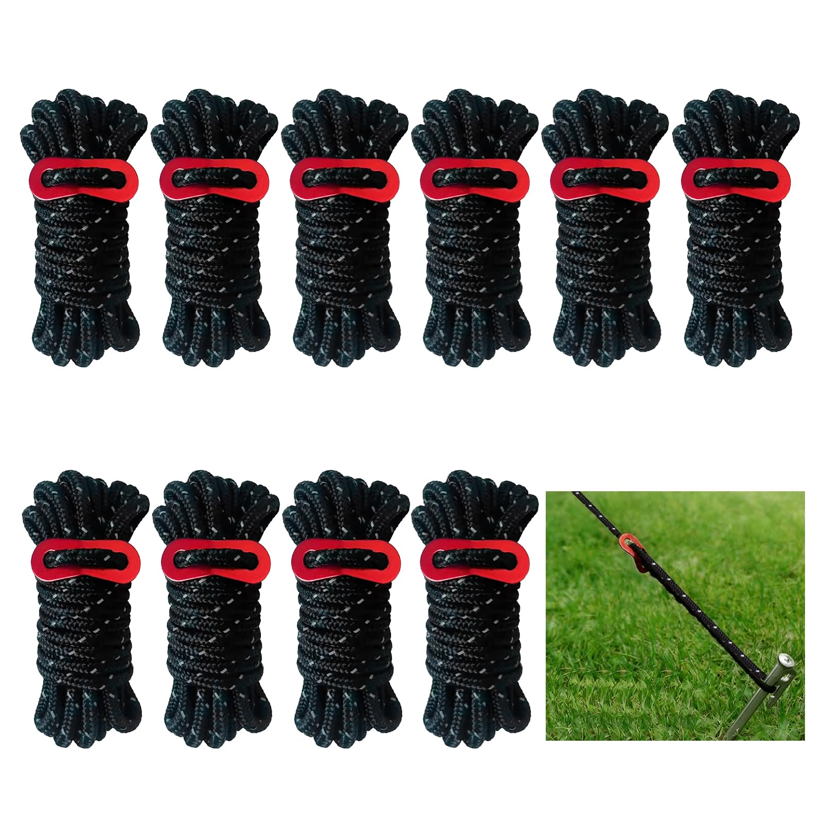 Reflective Tent Guy Ropes, 10 PCS Green Tent Guide Rope Cord, 4M Long Camping Guy Lines 4mm Light-Weight Ropes Cord (Black)