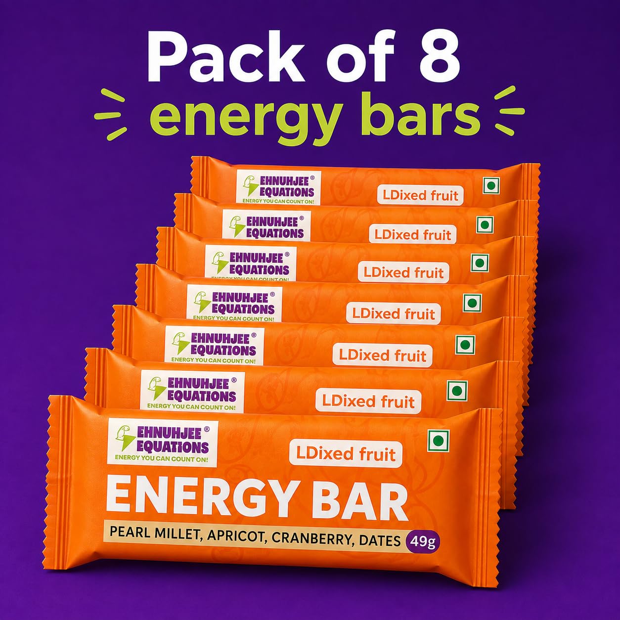 Energy Bar Mixed Fruit EHNUHJEE EQUATIONS Pack of 8 Energy Bars - 100% Millet Based | Vegetarian | 392g (49g X 8) | No refined sugar | Healthy Snack | For Pre & During Activity | Easy to Chew — Amazon image 10
