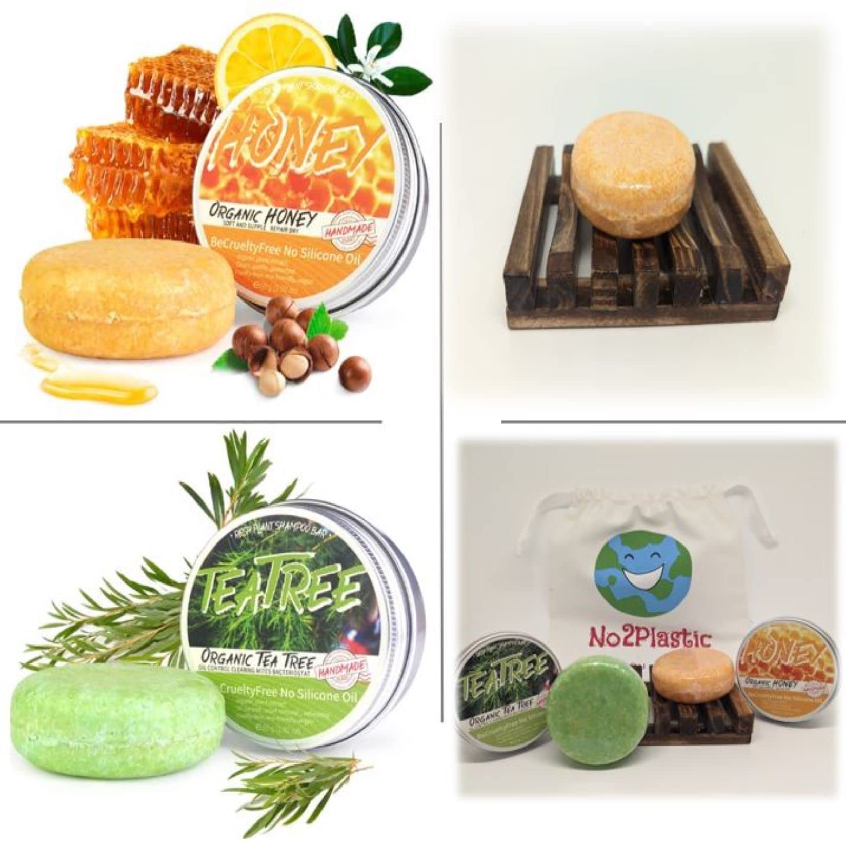2 Solid dry shampoo conditioner Bars and soap dish Gift set - Handmade and hand wrapped in paper 100% natural organic ingredients shampoo bar. Tea Tree & Honey Aromas. Vegan