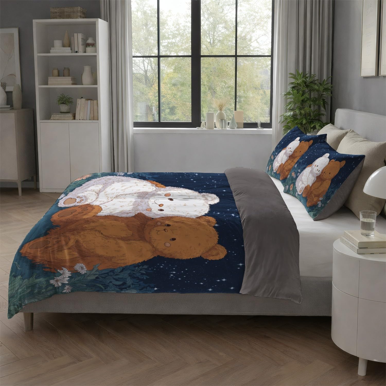 Poszwa na kołdrę 180 x 220 cm dziecięca anime - zestaw pościeli z miękkiej mikrofibry biały brązowy uroczy miś odwracalne kwiaty, dla nastolatków z zamkiem błyskawicznym 2 poszewki na poduszki 65x65
