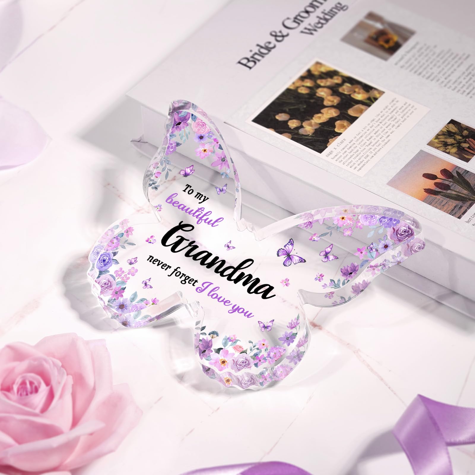 Gifts for Grandma, Grandma Birthday Gifts, Unique Purple Butterfly Acrylic Plaque Desk Decor, Mothers Day Christmas Grandparent Day Gift for Grandmother Nana - 5 x 3.8 x 0.5 inches