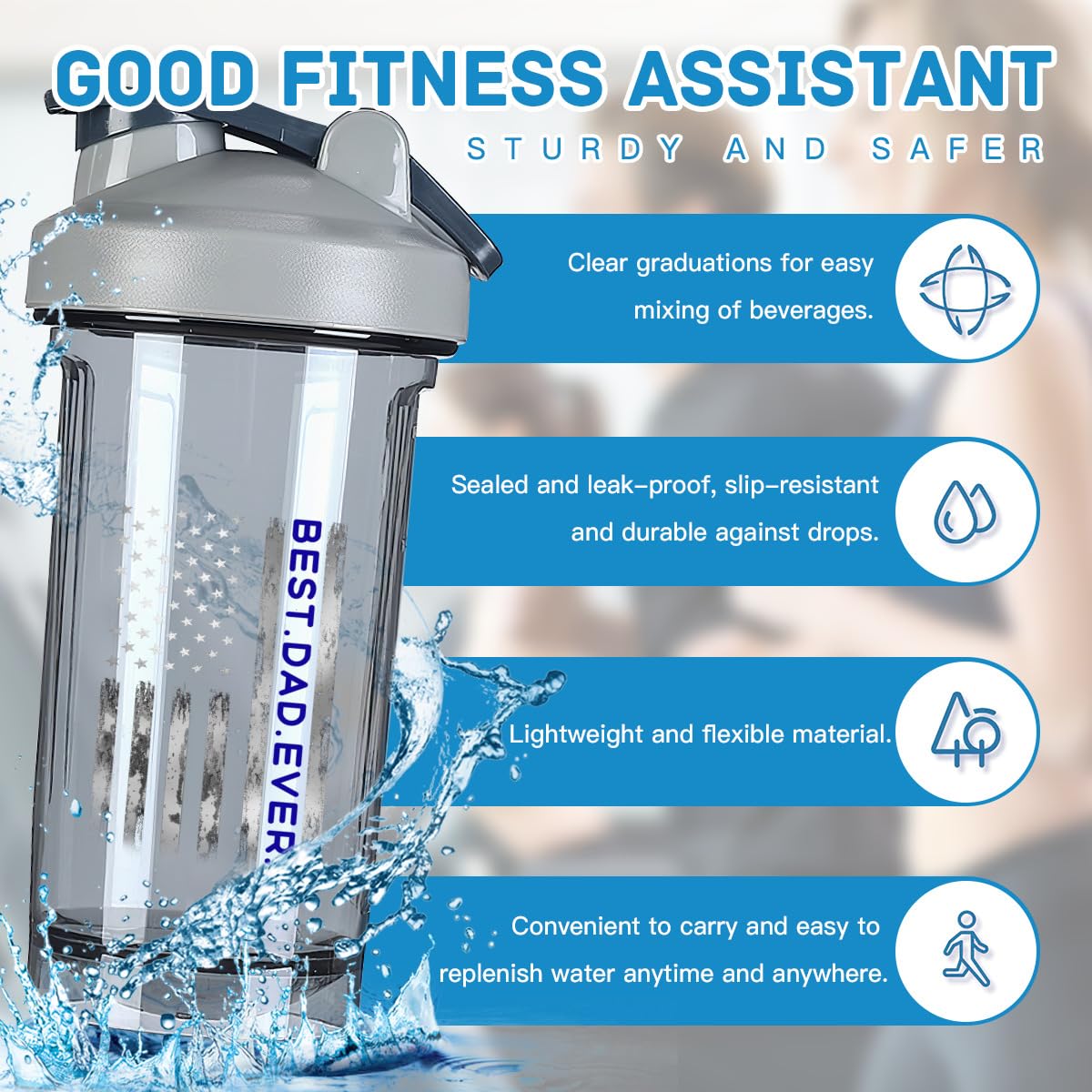 Vintage Best Dad Ever America Flag 18 Ounce Shaker Bottle Drink Mixer Leak-proof Pre Workout Protein Shakes Meal Replacement Shakes Bottles 500ML/18 Oz Gray