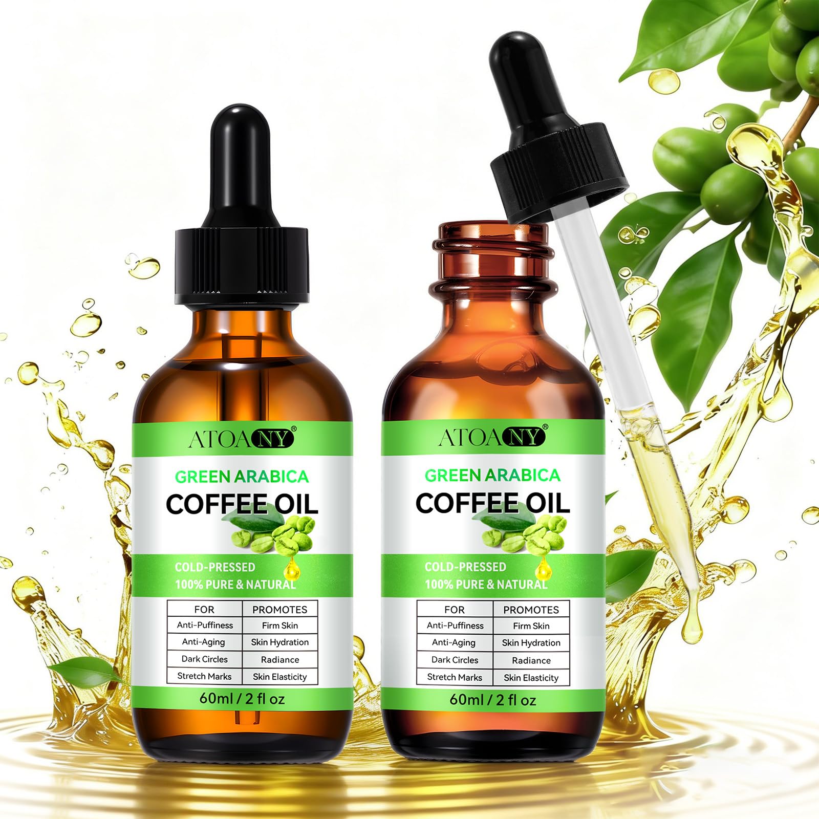2PCS Kaffeeöl Gegen Falten - 100% Rein und Natürlich Grünes Arabica-Kaffeeöl für Gesicht Körper Haare | Kaffeeöl Gesicht Anti-Puffiness & Firm Skin | Kaffeeöl Hautpflege Kaltgepresst & Vegan