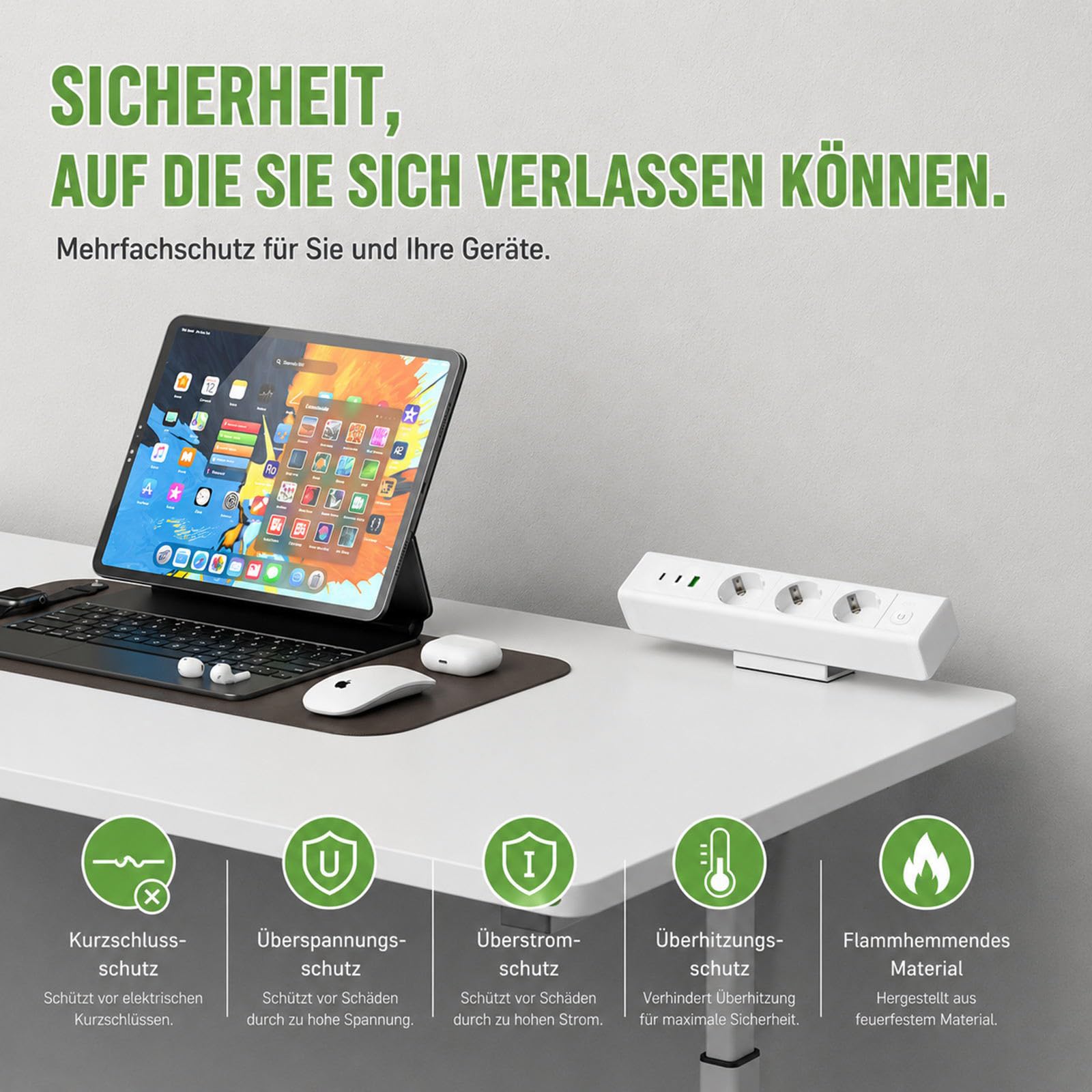Enchufe de mesa con USB C 65 W, regleta Haiaoyyds con 3 enchufes, 2 USB C y 1 USB A, protección de sobrecarga de 10 A, cable de 1,8 m, enchufe múltiple de aluminio para oficina en casa
