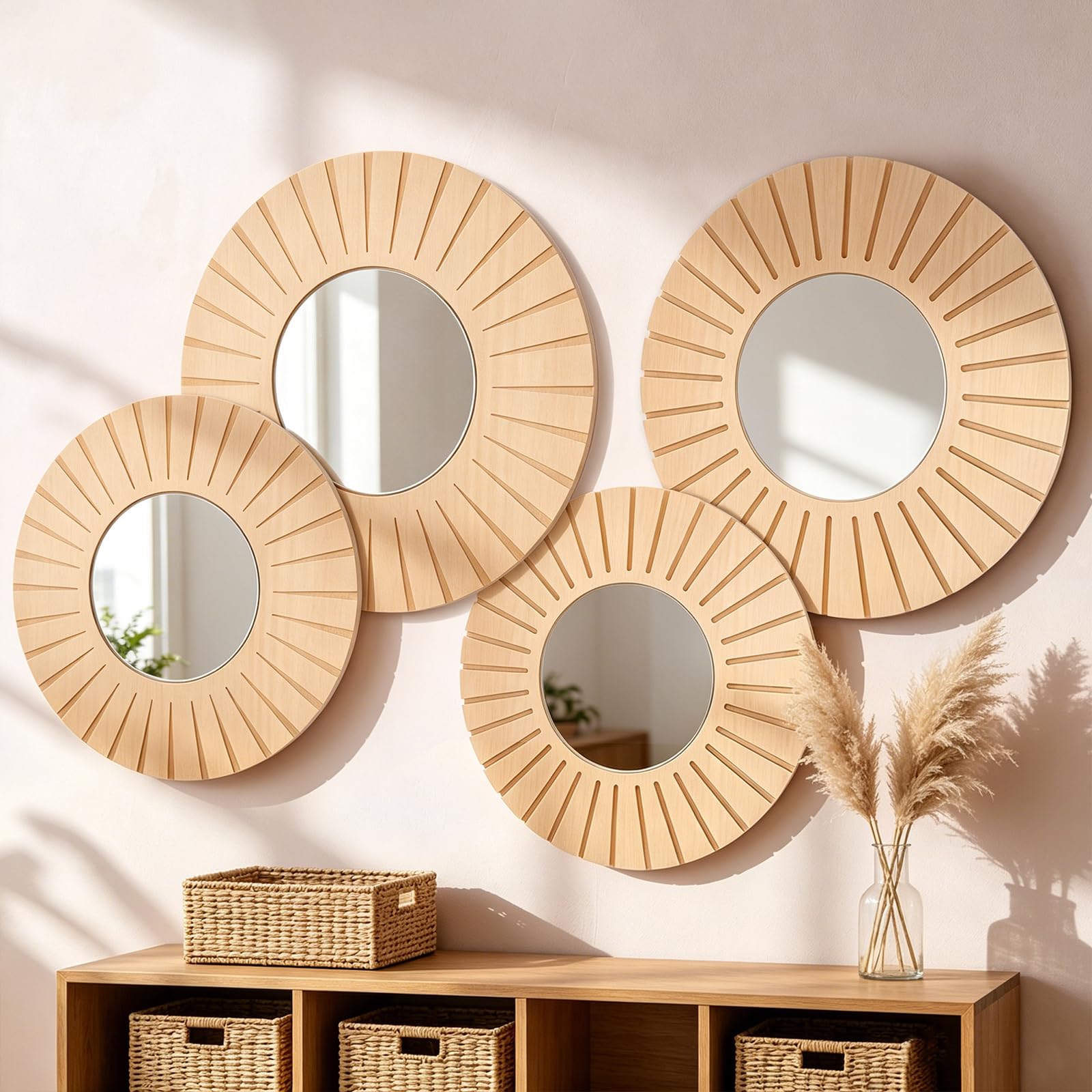 Yerliker 4 Pack Boho Wall Decor Mirror 12" 10" Hanging Baskets Wall Art Decorative Round Mirror with Wooden Frame Rustic Farmhouse Home Decor for Bedroom Living