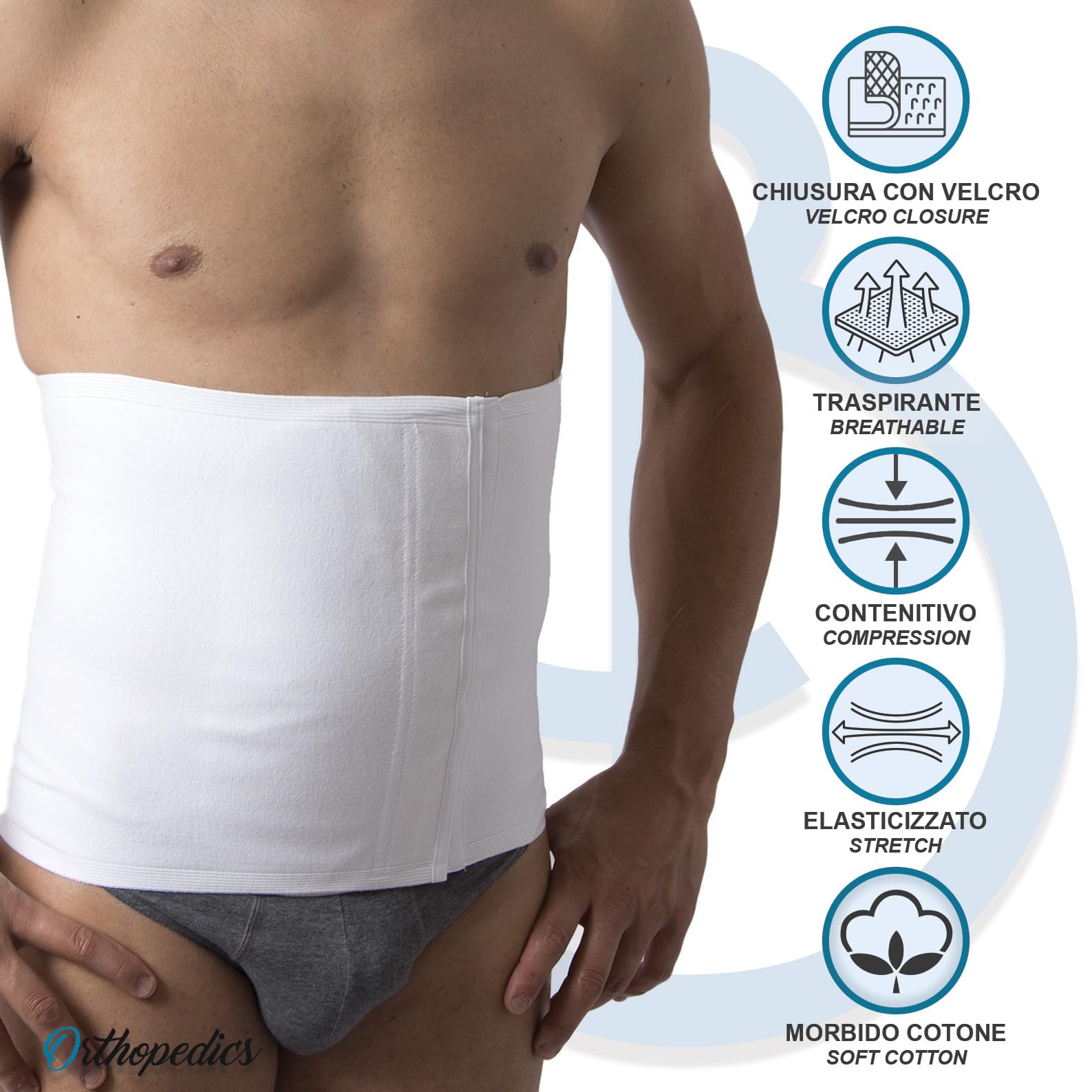 Beman 703 - Fascia Pancera Post Operatoria Addominale, Pancera Contenitiva Post Parto, Fascia Lombare Supporto Schiena Anallergica Unisex Uomo Donna Cotone con Chiusura a Strappo H.28cm. (2/S Bianco)
