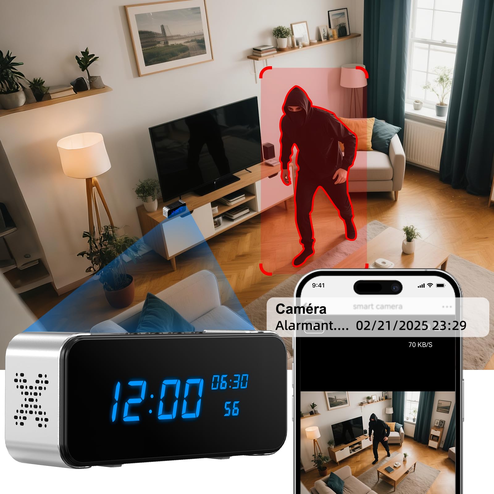 Telecamera spia WiFi Ultra HD 4K con rilevamento del movimento, visione notturna e streaming in tempo reale - Telecamera nascosta con sveglia e altoparlante Bluetooth