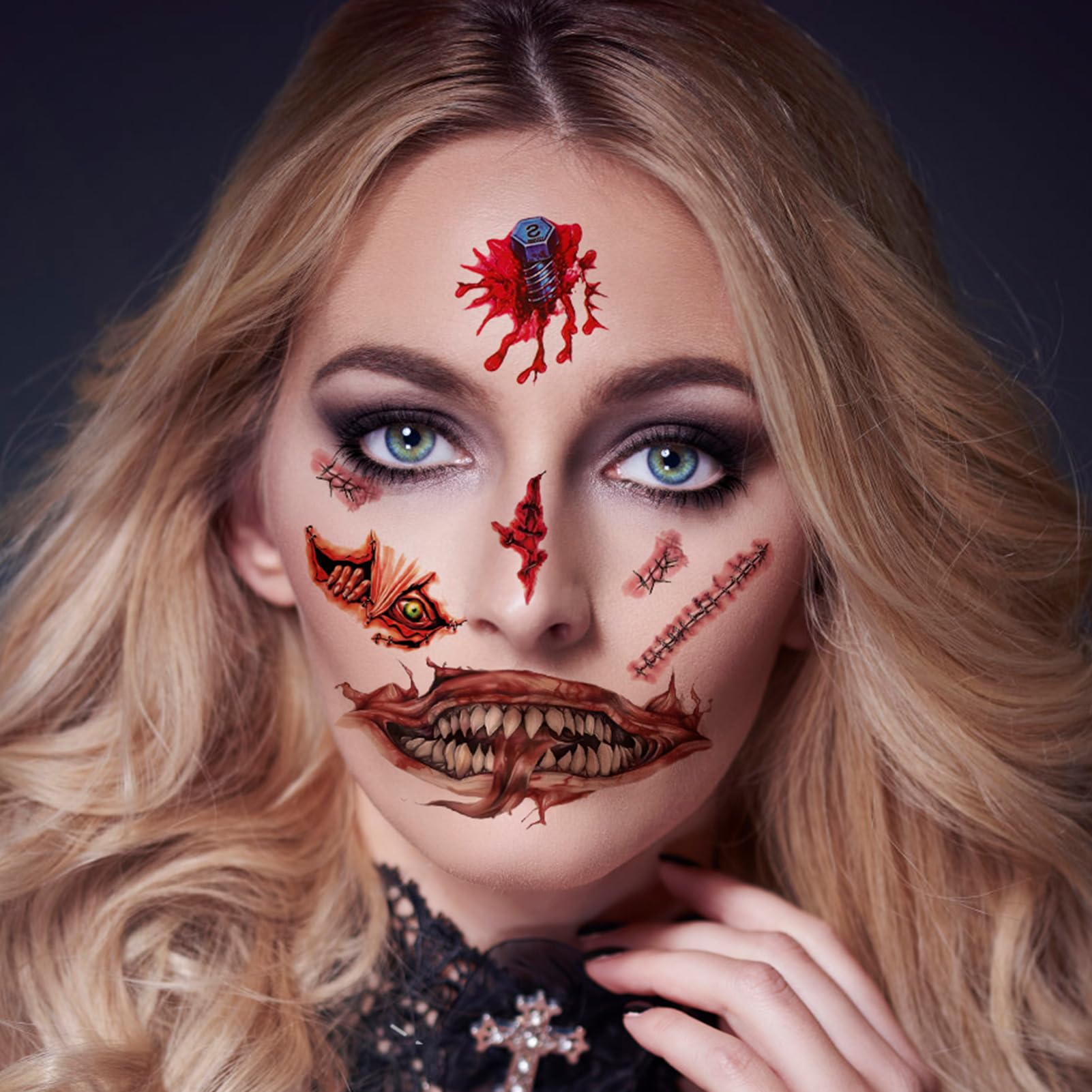 Set De 9 Tatuajes Temporales De Halloween THXFUNAREA | Bocas Sangrientas Y Cicatrices | Fáciles De Aplicar Y Quitar | Realistas Y Seguros Para La Piel