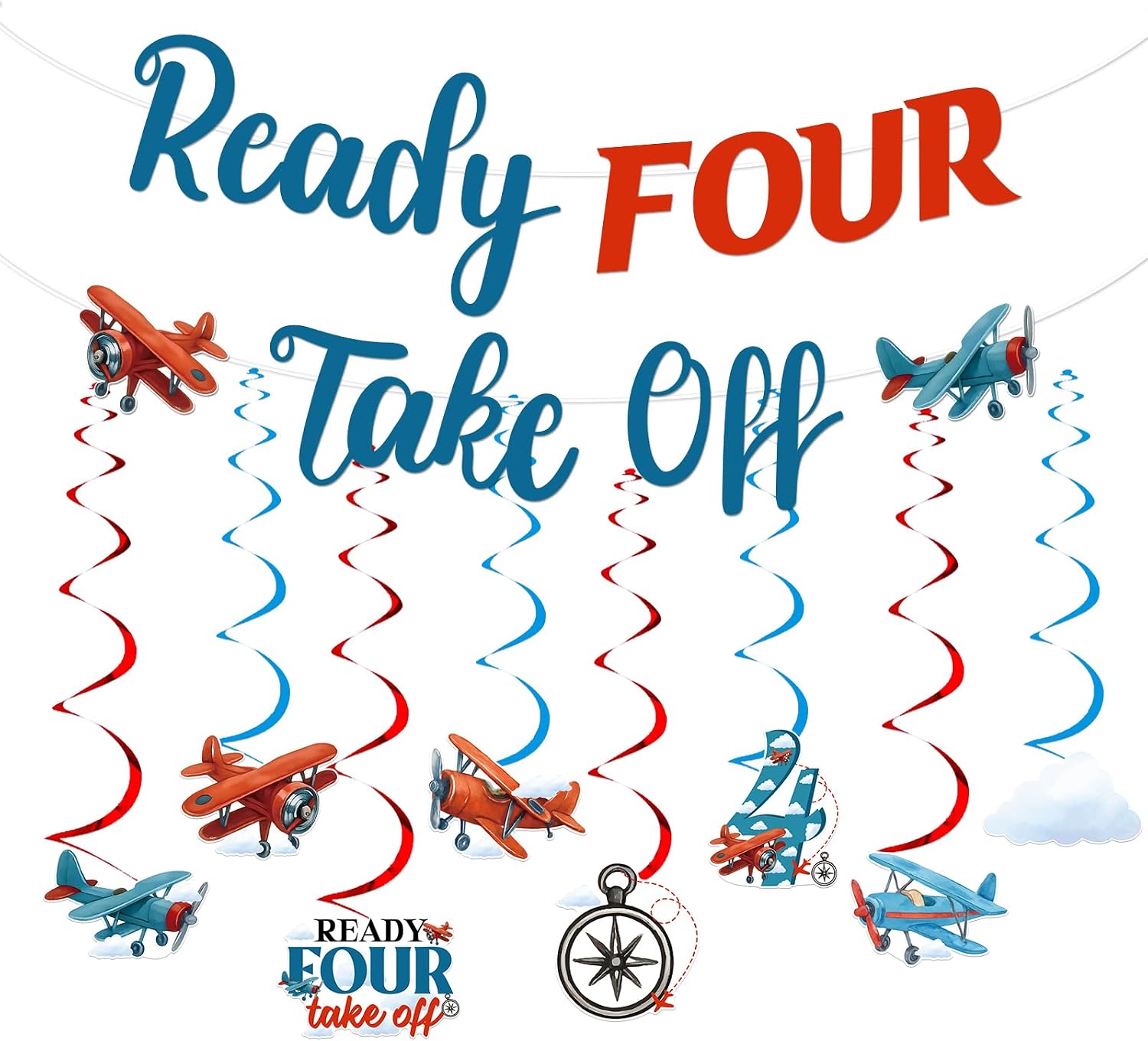 Airplane 4th Birthday Party Decorations for Boy, Ready Four Take off Banner Garland Aviation Themed Plane Hanging Swirls Red Blue for Time Flies Theme 4th Birthday Party Supplies