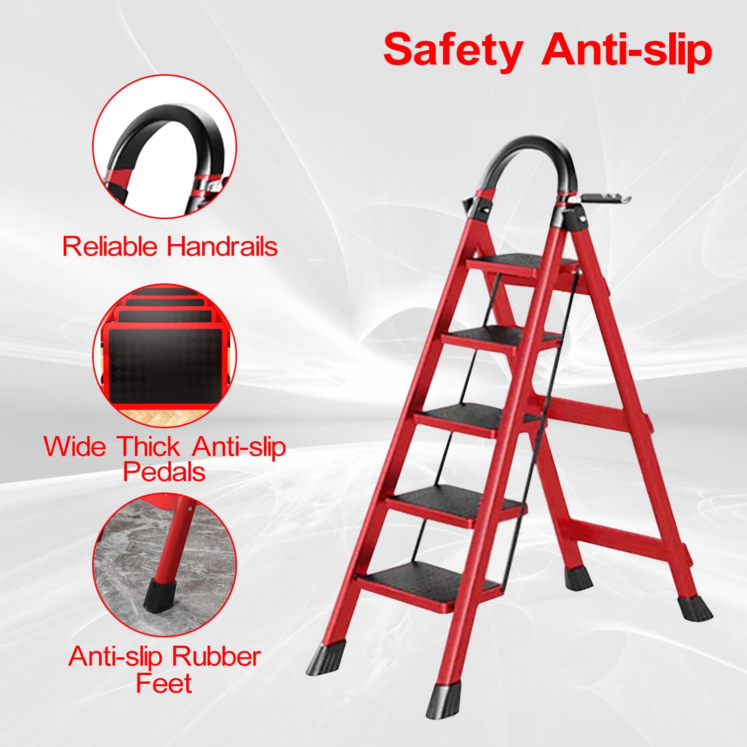 K IKIDO Inklapbare trapladder, ladder met leuning, 3/4/5 treden, antislip, gemakkelijk op te bergen, brede treden, geschikt voor keuken, huishouden en wonen, belastbaarheid tot 150 kg (rood, 5 treden