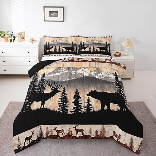 Castle Fairy Deer Bear Hunt Full Size Comforter Set,Rustic F