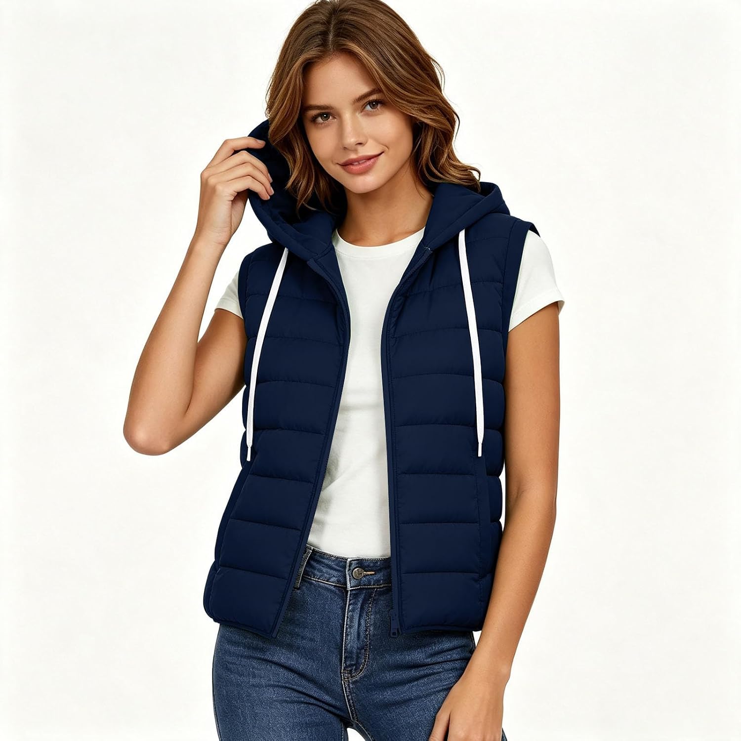 Women's Hooded Puffer Vest Zip Up Warm Drawstring Sleeveless Coat | Warm Fall Jackets Black Vest Women Soft Quilted Long Puffer Jacket Womens Gold For Yellow Plus Size Fashion Outdoor Light