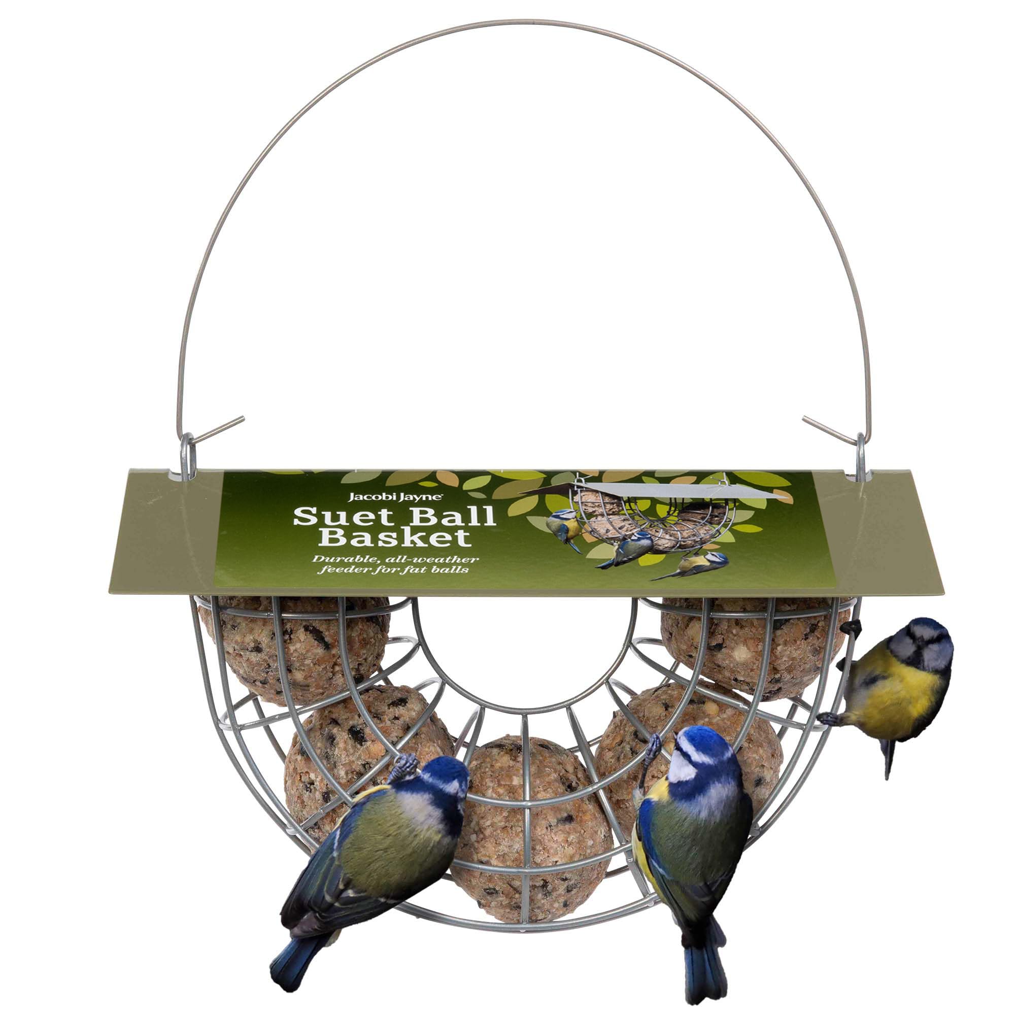 Jacobi Jayne® Suet Ball Basket - large capacity holds 6 fat balls for wild birds - hanging bird feeder for suet balls - bird feeder with pitched roof to protect bird fat balls