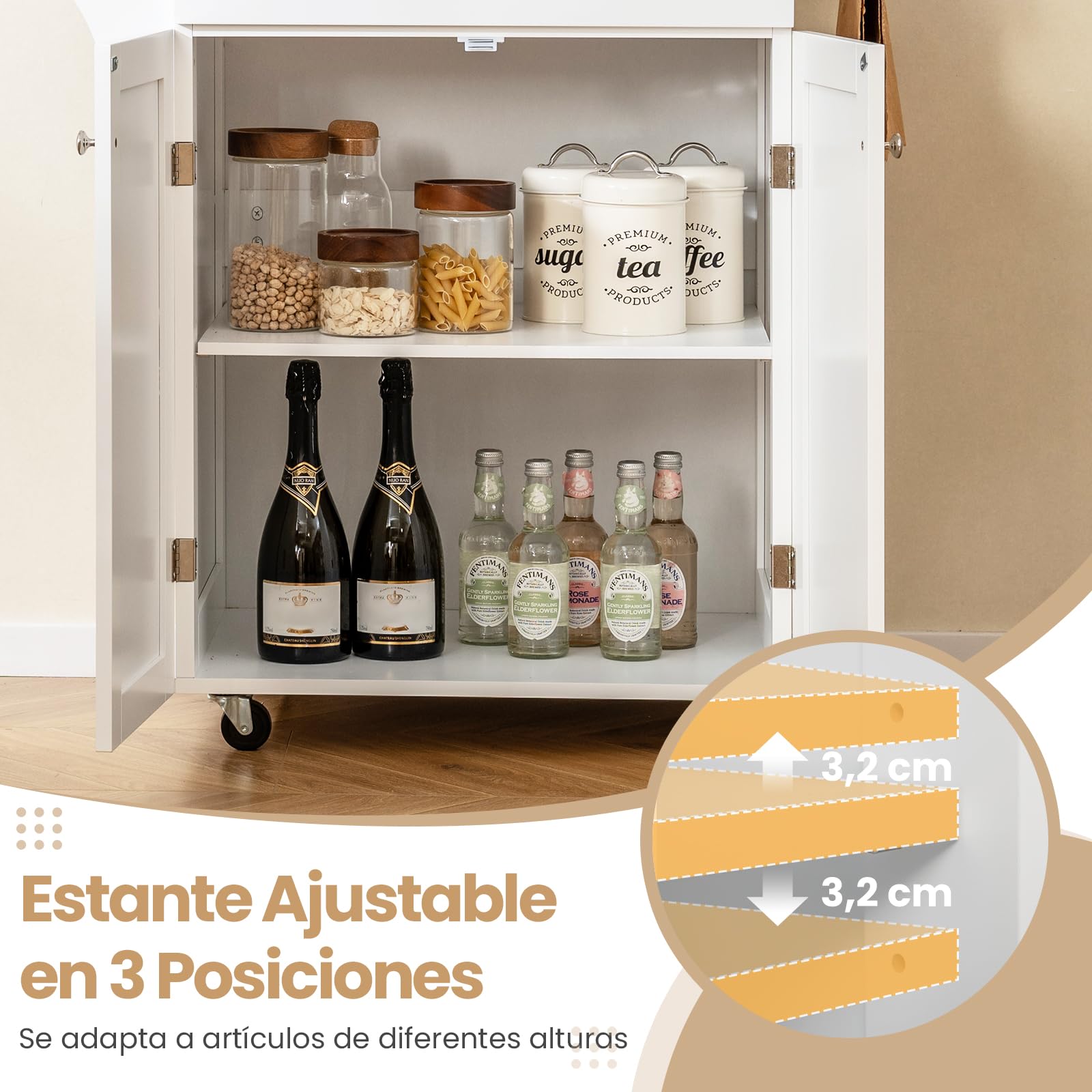 COSTWAY Isla de Cocina con Ruedas, Carrito de Cocina con Cajón y Gabinete de Almacenamiento, Estante Ajustable en 3 Niveles para Especias y Barras para Toallas, Carro de Servicio para Comedor