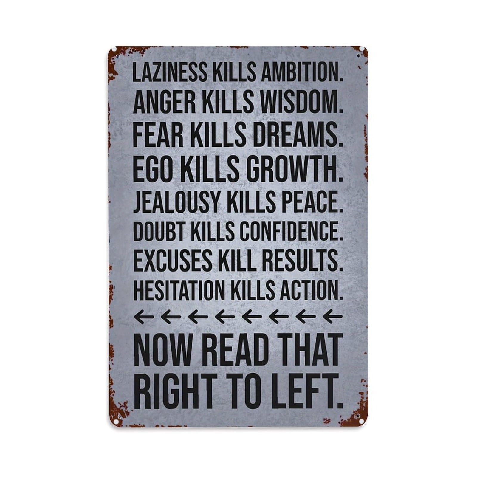 Jdyaojiesheng Vintage Laziness Kills Ambition Anger Kills Wisdom Tin Sign Retro Metal Wall Decor Metal Poster, Home Bar Garage Farmhouse Cafe Wall Art Decoration 8X12inches