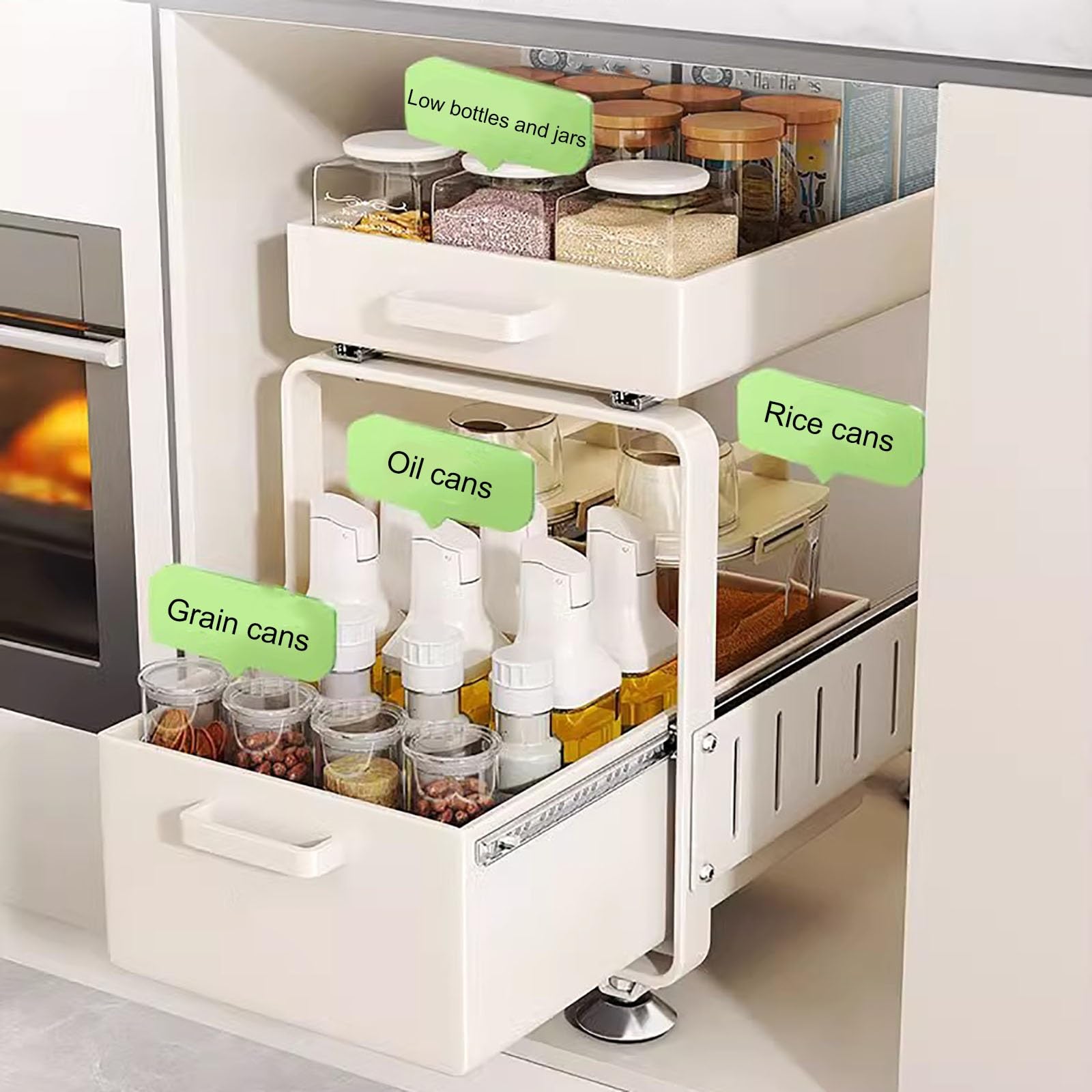 Cestello da Cucina Scorrevole a 2 Livelli, Organizzatore Sottolavello Cucina, Ripiano Salvaspazio Cucina con Piedini Antiscivolo per Dispensa, Bagno, Casa