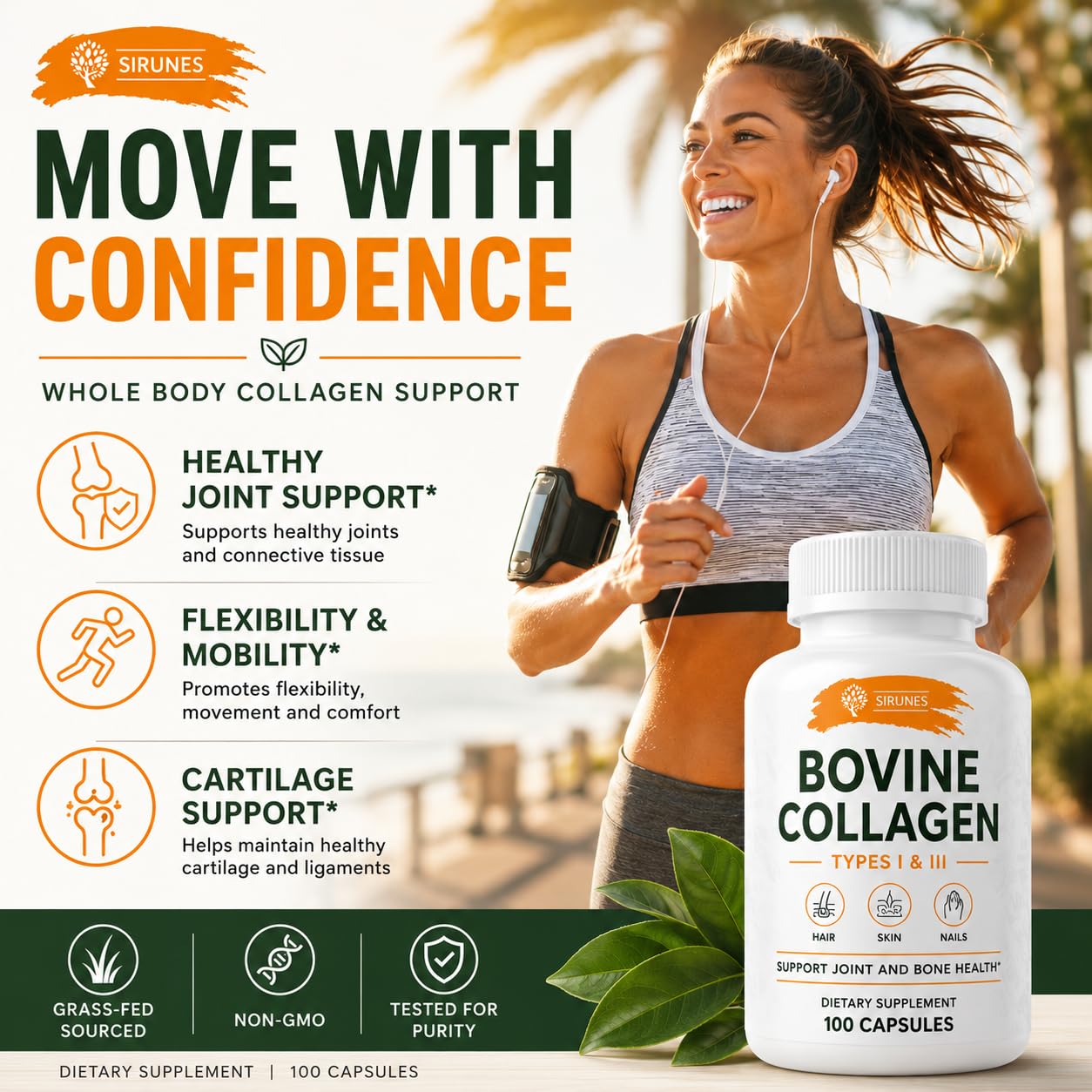 SIRUNES Bovine Collagen Supplements for Men and Women I Hydrolyzed Grass Fed Bovine Collagen Peptides Dietary Supplement for Joint, Nerve & Bone Support - Non-GMO, Anti-Aging - 100 Capsules — Amazon image 6
