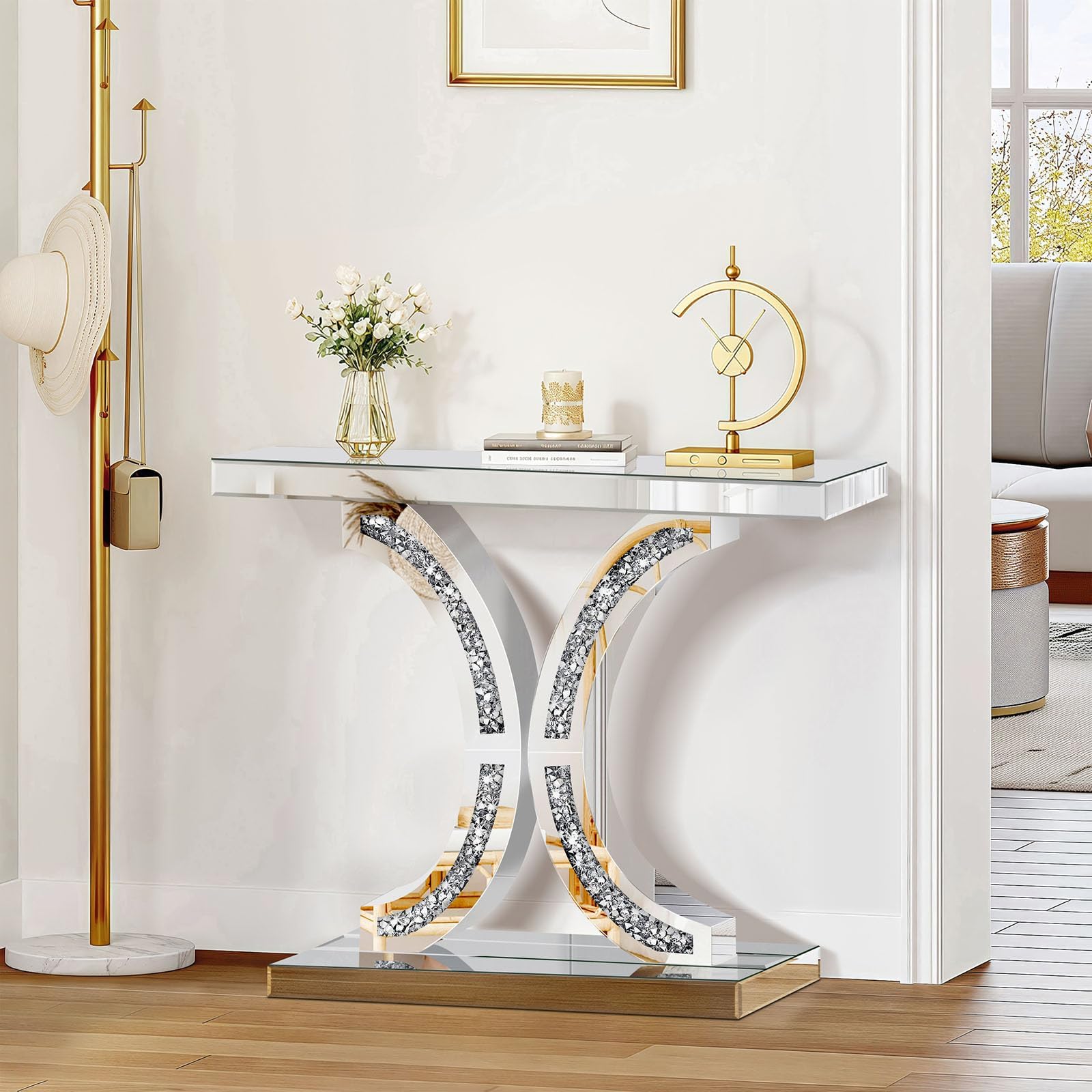 Consola de espejo plateada con incrustaciones de diamantes, mesa de cristal de 100 cm, marco en forma de C, mesa moderna para salón, pasillo, vestíbulo