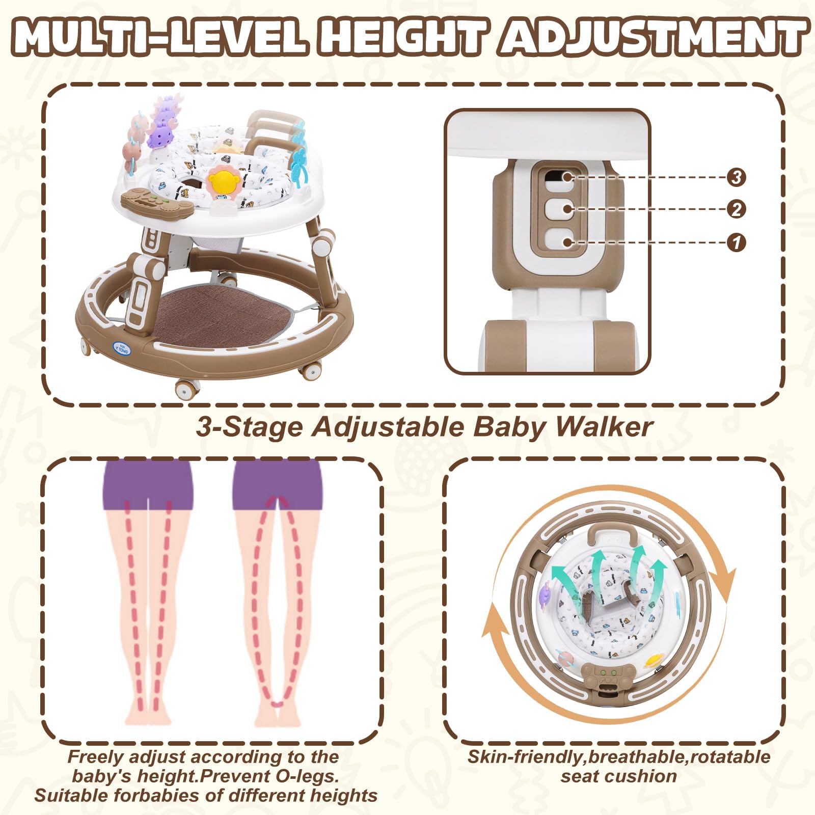 Baby Lauflernhilfe 5in1 mit Musikspielzeug, Fußstütze, 360-Grad-Stummschaltung, 6 Räder, 360° Rotating Seat Baby Lauflernhilfen, zur Faltbar, für Babys ab 6 Monaten Geeignet,Braun