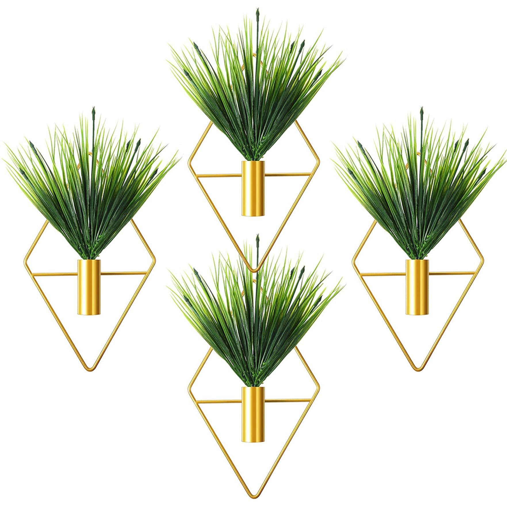 Jardinières suspendues diamant dorées NIDONE avec plantes artificielles, lot de 4