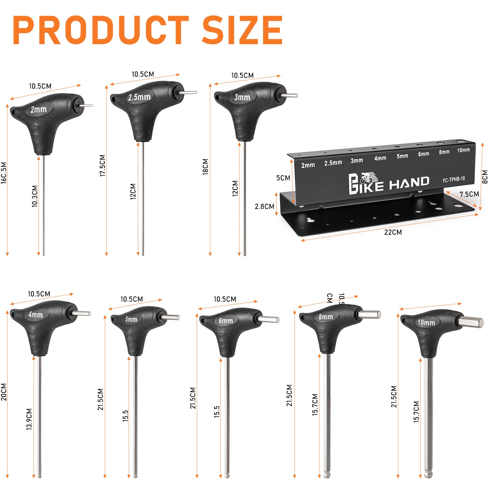 BIKE HAND Juego de llaves Allen con mango en T, 8 piezas, 2,2,5,3,4,5,6,8 mm y 10 mm