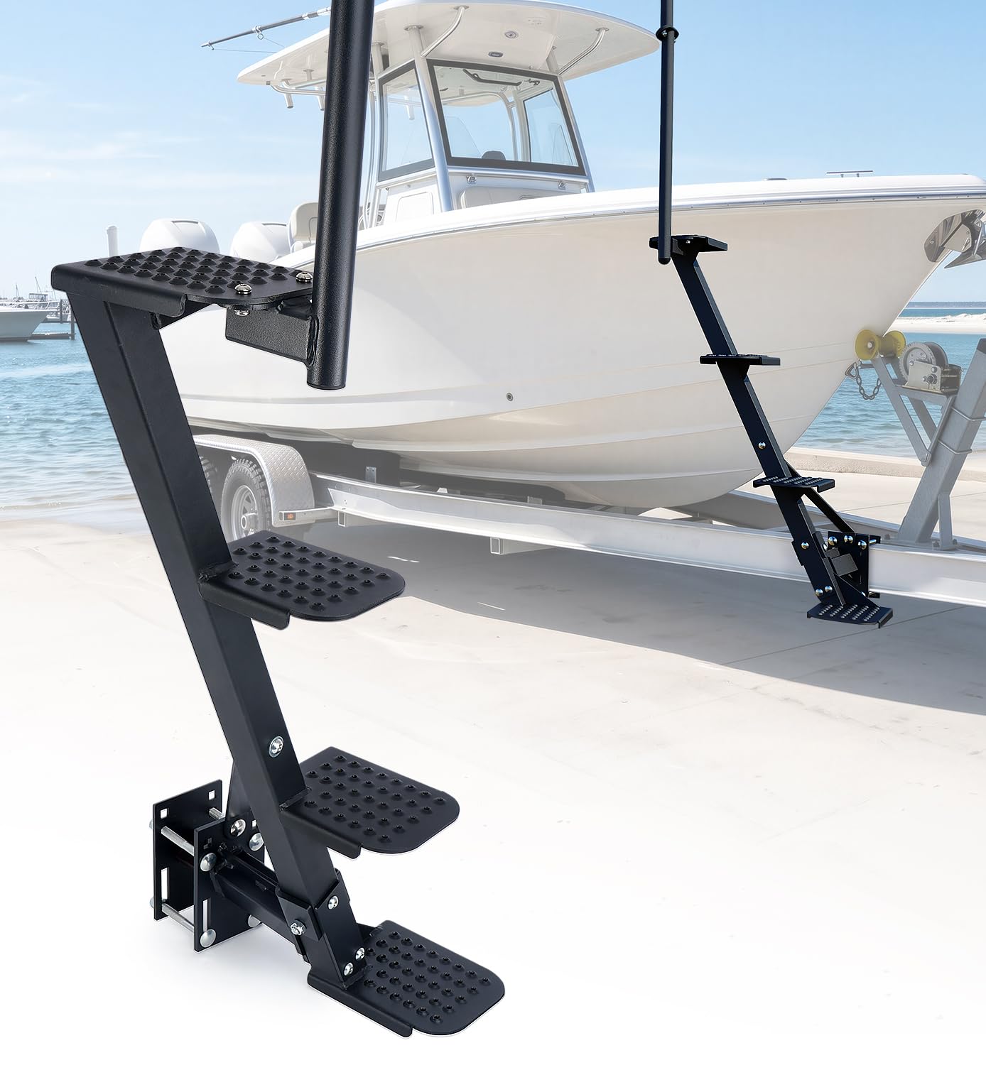 Boat Trailer Steps, Heavy Duty Trailer Tongue Steps with Handle, Universal Fit for 3" x 3", 4" x 4" &amp; 3" x 5" (4-Step, Raised-Dot Tread)
