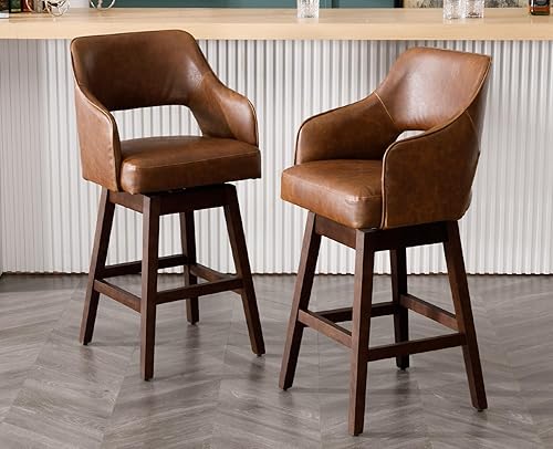 Miniatura 8 de Kmax Taburete de bar de tela con altura de mostrador, taburete giratorio de bar con patas de madera, reposapiés trasero abierto para isla de cocina,