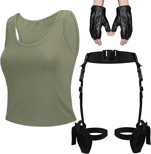 Miniatura 7 de Jiuguva 3 piezas de disfraz de Halloween para mujer, pistolera de pierna ajustable, guantes de cuero, camisetas sin mangas