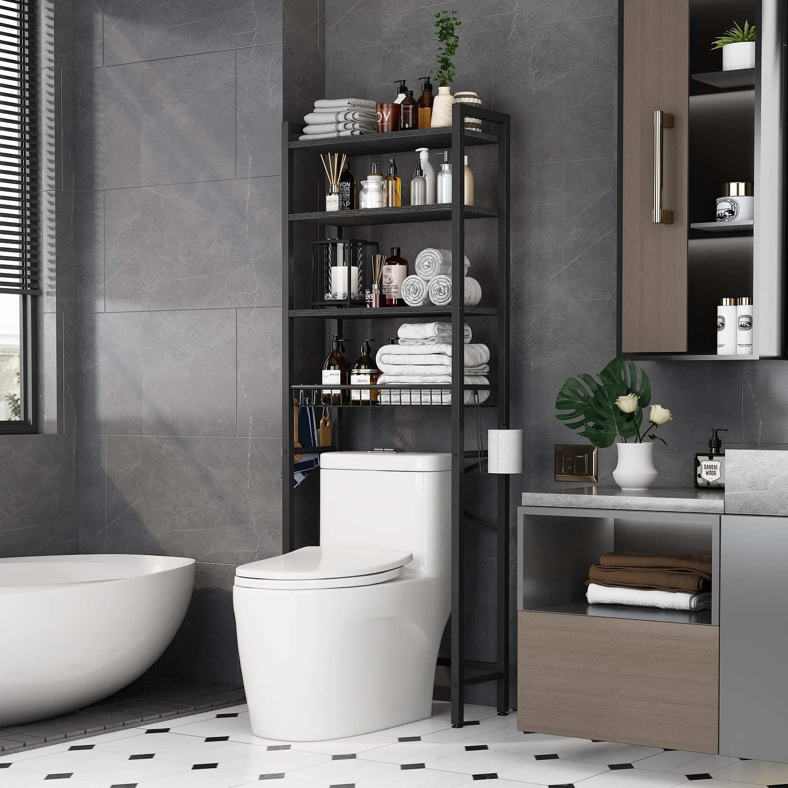 Kalrin Estante de Baño, Estante Multifuncional Ajustable de 4 Niveles para el Baño, Estante sobre el Inodoro con Cestas, Estante Ahorra Espacio, Fácil de Montar - Negro