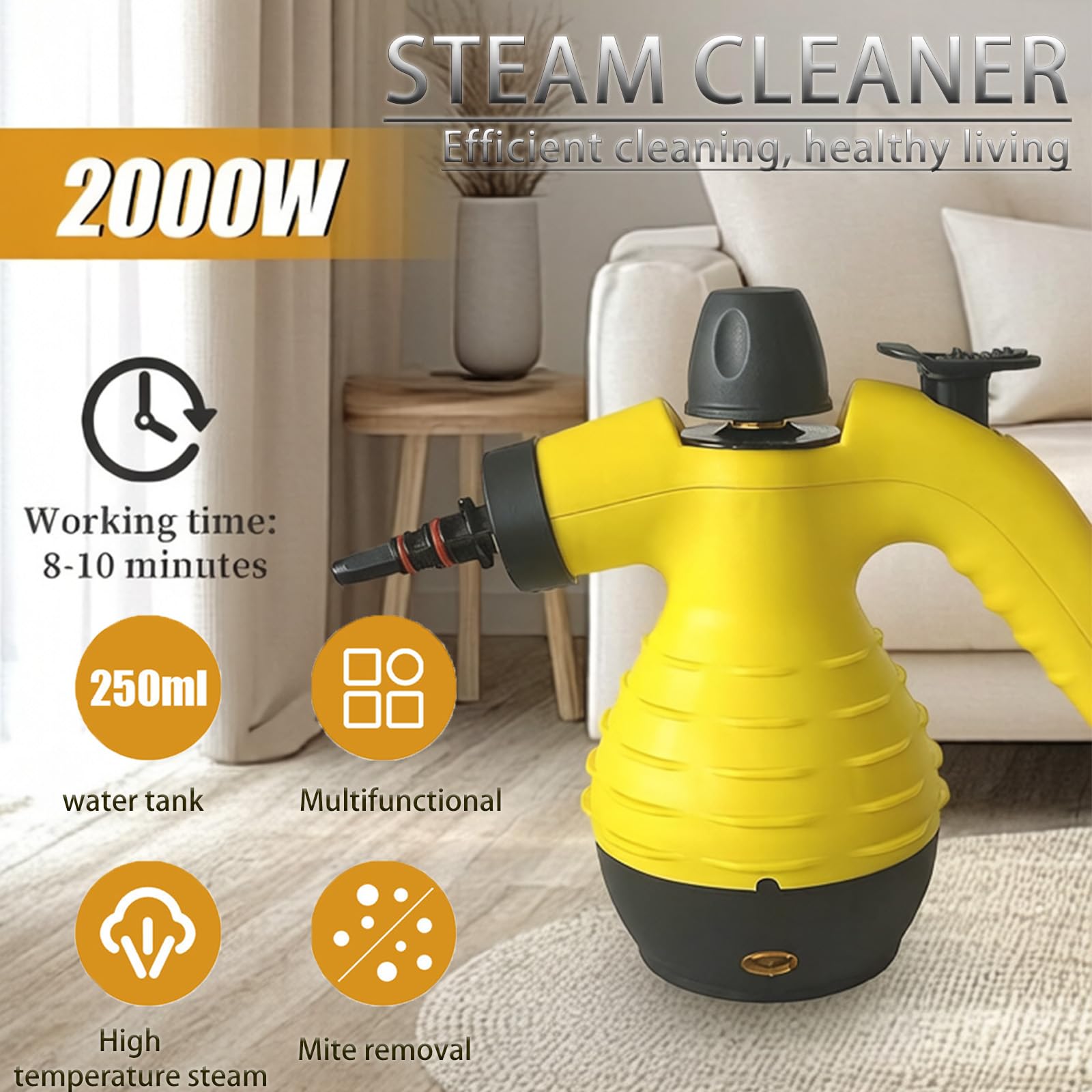 Limpiador de vapor de mano de 2000 W, limpiador de vapor multisuperficie de alta temperatura para grasa de cocina, azulejos de baño, interior de coche, tapicería, limpieza de colchones, con accesorios